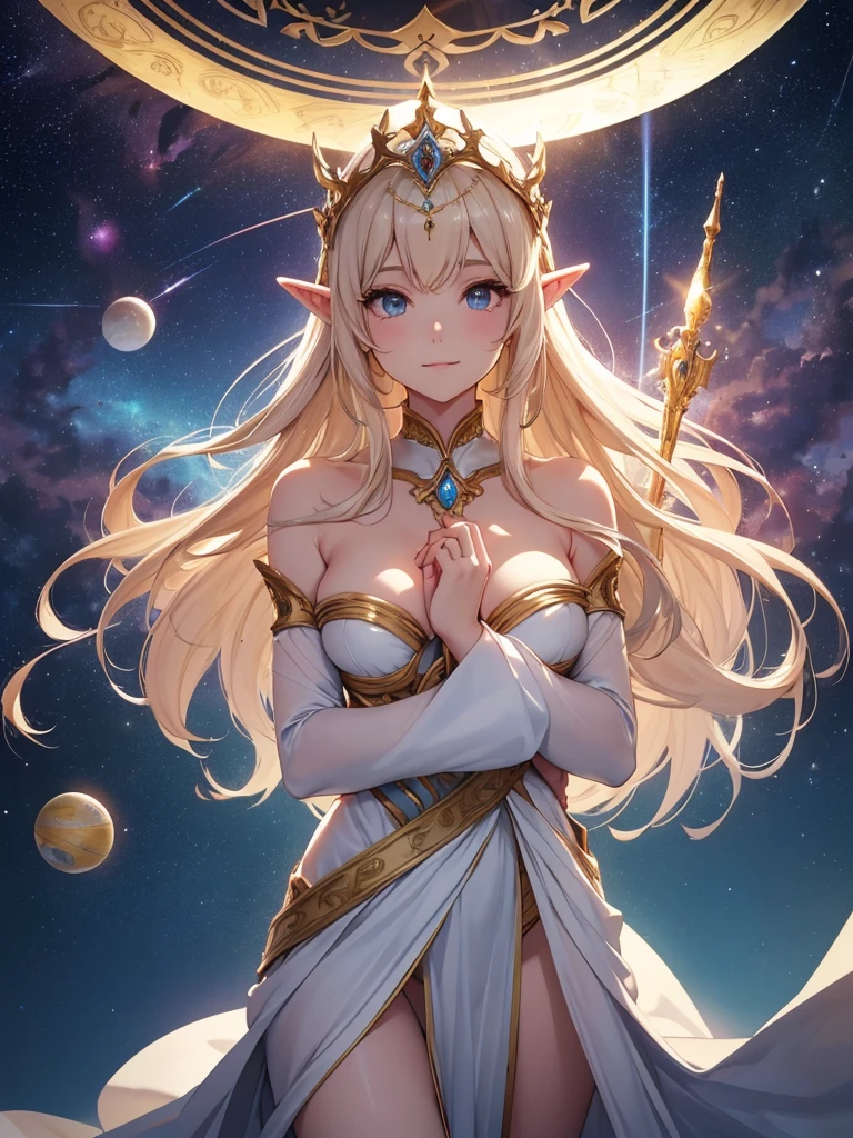 top-quality、Top image quality、​masterpiece、Super beautiful elf beauty((22year old )) fullnude、nude,nsfw、big bast、Bust 90,beautiful long ironed hair、a blond、globe、、A slender、a closeup、Esbian、beautiful tiara、hiquality、Beautiful Art、Background with((starrysky)))masutepiece、visualart、depth of fields、low angle of morning sky、、Elven ears、、light magic、Space Knight、harp melody🎵、Happy smile、Gentle light、、Beautiful legs that are gentle on the skin、、、Number of fingers to achieve precise finger movements、nffsw、elegent、Mystical　Rosa、　Heaven、Marble pillars, beautiful dressy、magnificent marble dome、Huge galaxy、religious painting、holding the earth、Temple of Time、Great watch、hour glass、sundial、moment of creation！myth、in woods