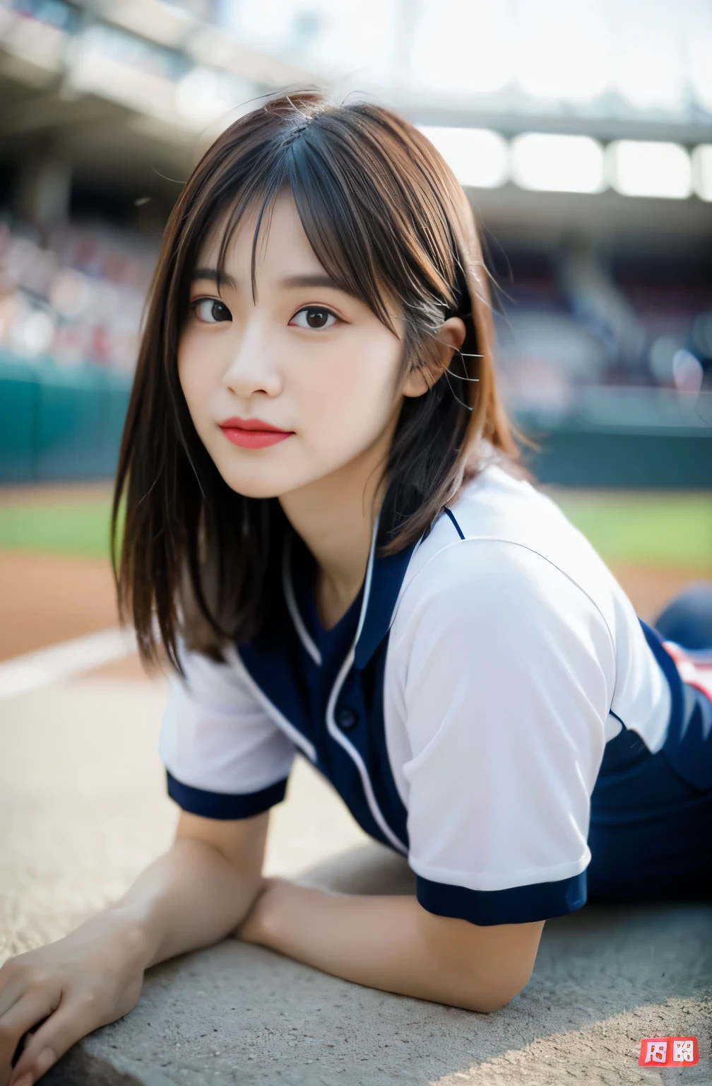 (8K, Raw photo, top-quality, masterpiece: 1.2), masterpiece, super detailing, Ultra-high decomposition energy A, (Realistic and realistic photos: 1.37), high-definition RAW color photography, Very delicate and beautiful., イグリーのdetaileds, 8K Wallpaper, astonishing, detaileds, 非常にdetailedsな目, 非常にdetailedsな肌, 非常にdetailedsな指, 非常にdetailedsな鼻, 非常にdetailedsな口, perfect anatomia,1girll, (Baseball Uniforms), hazy, blured background, Blurred foreground, blush, braid, pectoral muscles, depth of fields, eyebrows visible through hair, Frild, hair between eye, Baseball Stadium, jewely, look up at viewer, Short hair, Solo, Colossal tits、乃木坂アイドル、韓国アイドル、hposing Gravure Idol、 Star、18year old、tall、韓国アイドル、乃木坂アイドル、 Star、hposing Gravure Idol、((full body Esbian)), ((Gravure Pose)), ((Crispy Pose)), ((full body Esbian)), crotch open, Lying down, Wide crotch, A MILF, sensuous