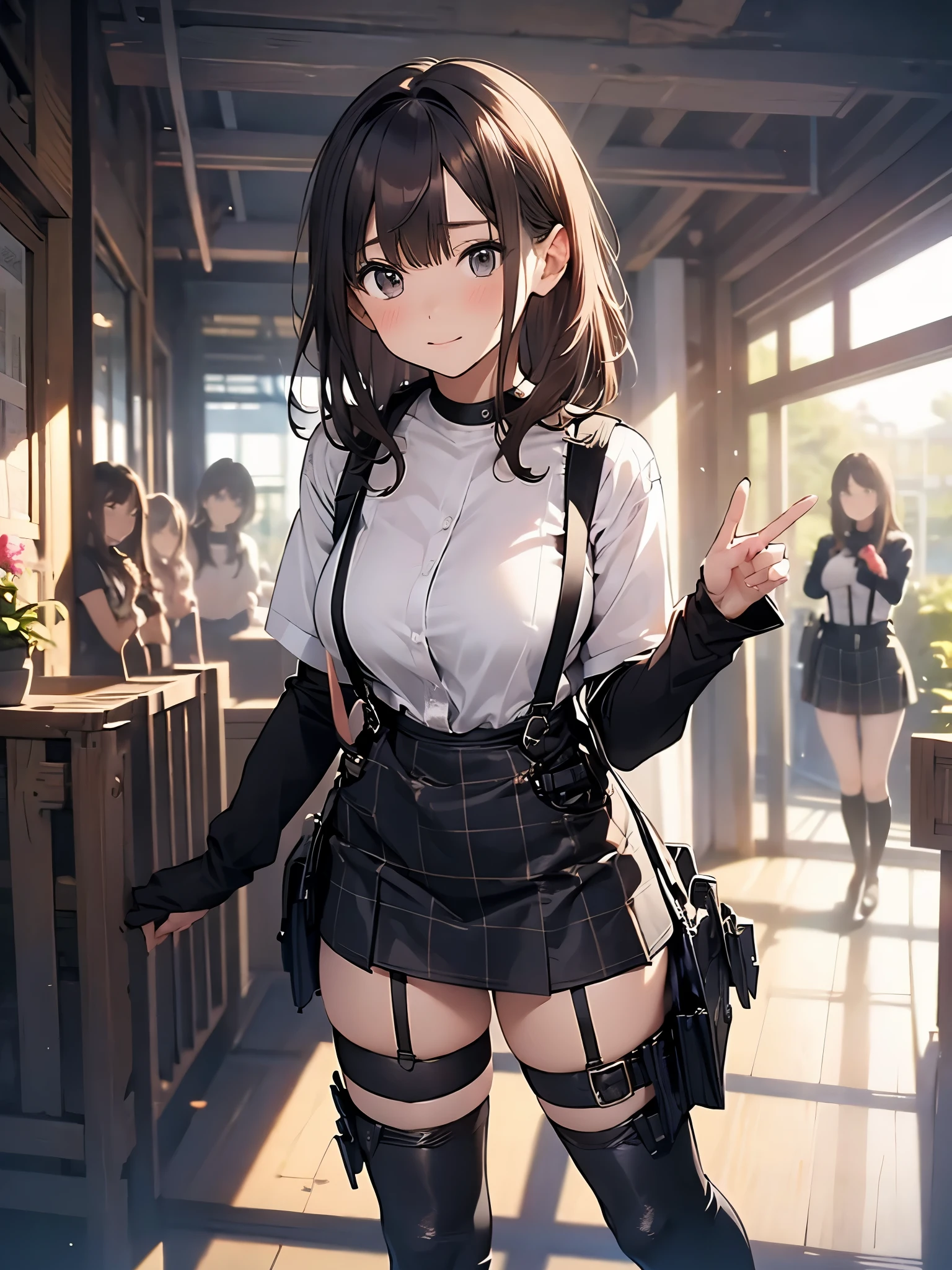 Brown hair、watching at viewers black suspenders bulging big tits walls: Black miniskirt garters Gaze a small face bangss holster Beautuful Women Hands up レッグholster ベッドに横たわる Gaze black boots panty shot Provocation flank flank汗 Soio arms are