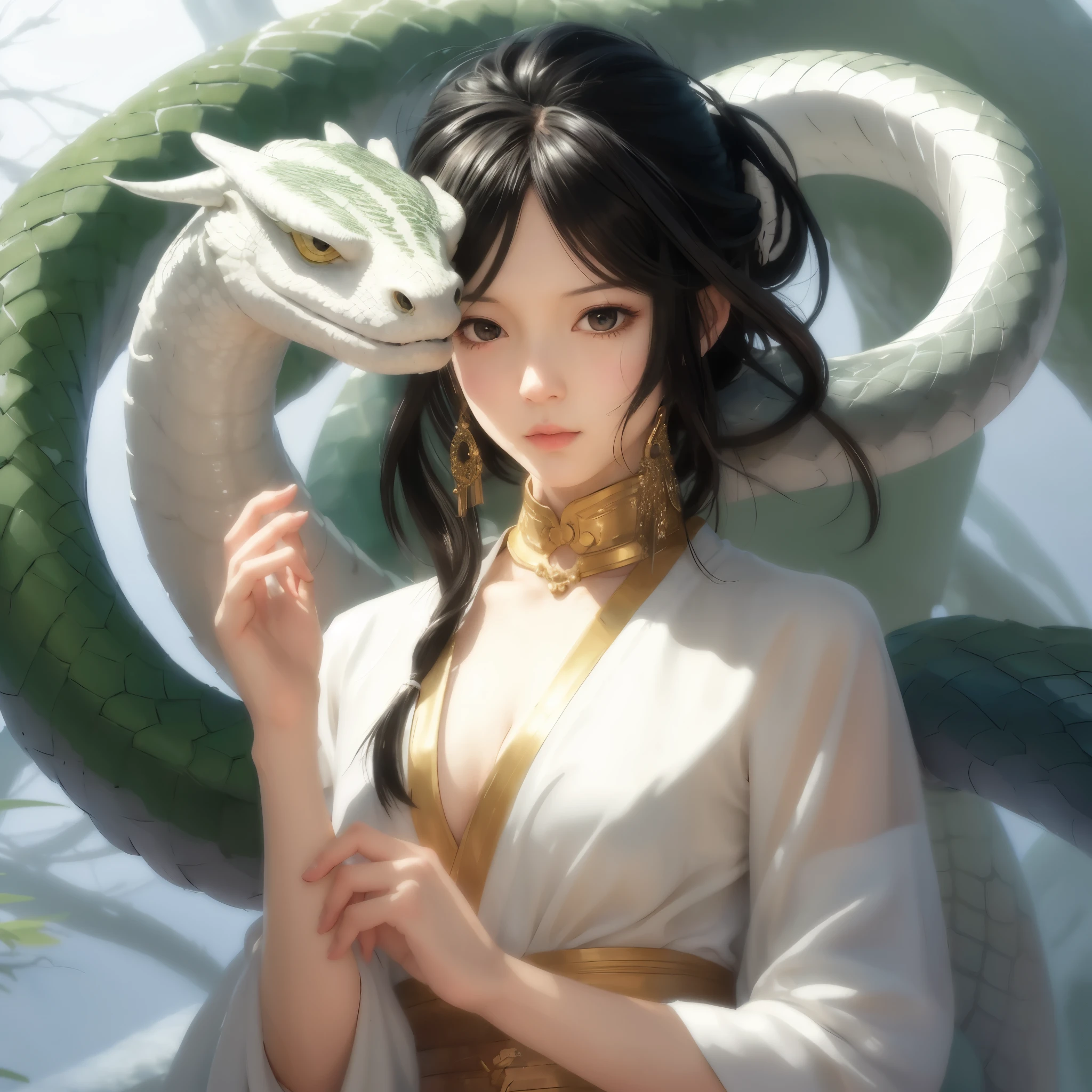 Snake head white skirt anime girl, the dragon girl portrait, Art germ and ruan jia, ruan jia and Art germ, detailed digital anime art, author:Hero, Belle peinture de personnage, digital anime illustration, anime fantasy illustrations, dragon girl, snake woman hybrid, Art germ. anime illustration,