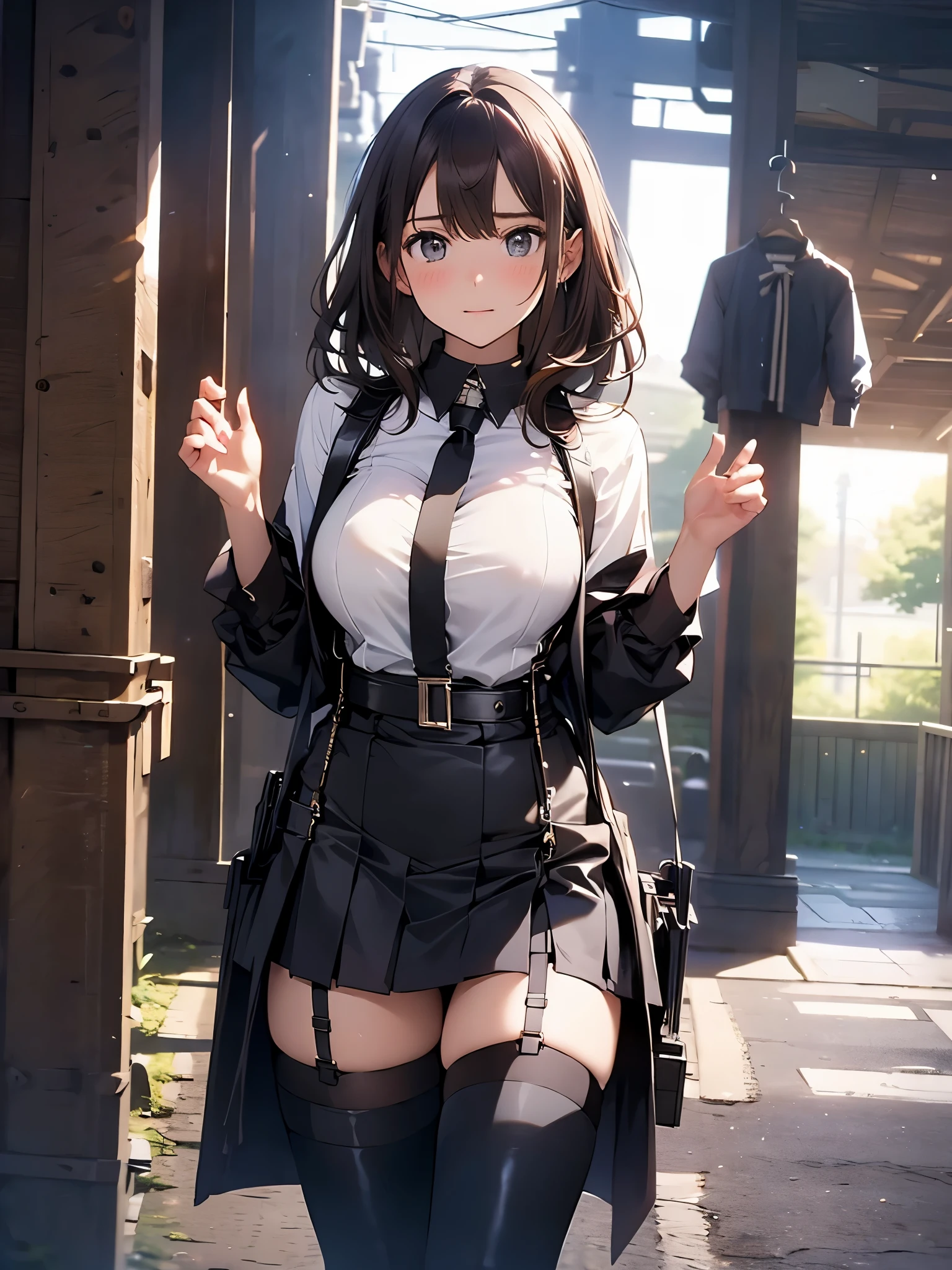 Brown hair、watching at viewers black suspenders Bulging big breasts walls: Black miniskirt garters Gaze Small face bangss holster Beautuful Women hands up レッグholster ベッドに横たわる Gaze black boots panty shot provocation flank flank汗 soio arm