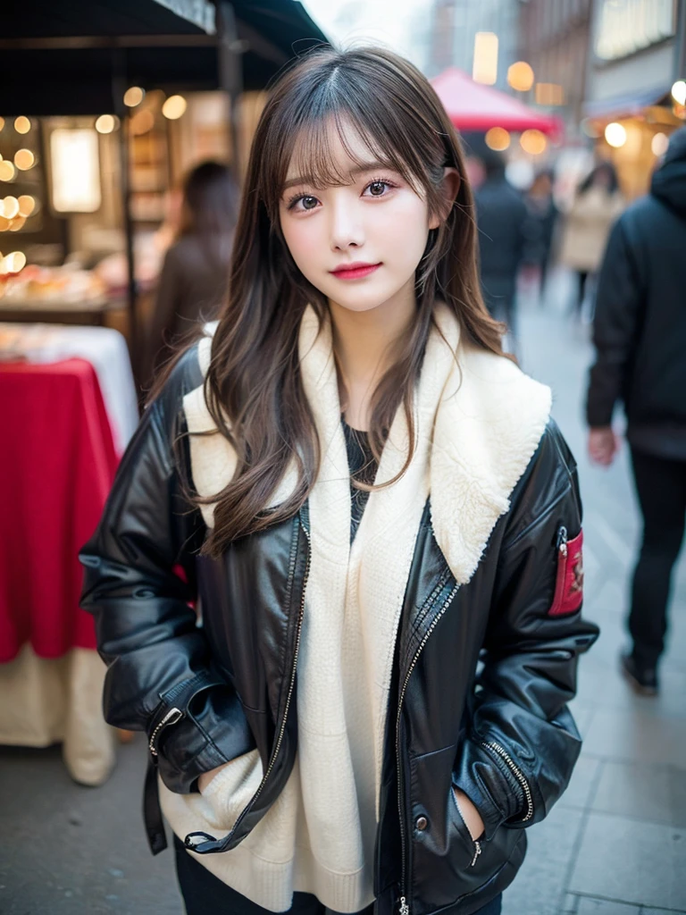 (top-quality,​masterpiece:1.3,超A high resolution,),(ultra-detailliert,Caustics),(Photorealsitic:1.4,RAW shooting,)Ultra-realistic capture,A highly detailed,high-definition16Kfor human skin、 Skin texture is natural、、The skin looks healthy with an even tone,One Woman,japanes,,kawaii、(depth of fields、chromatic abberation、、Wide range of lighting、Natural Shading、)、Winters、Down jacket、Christmas Market