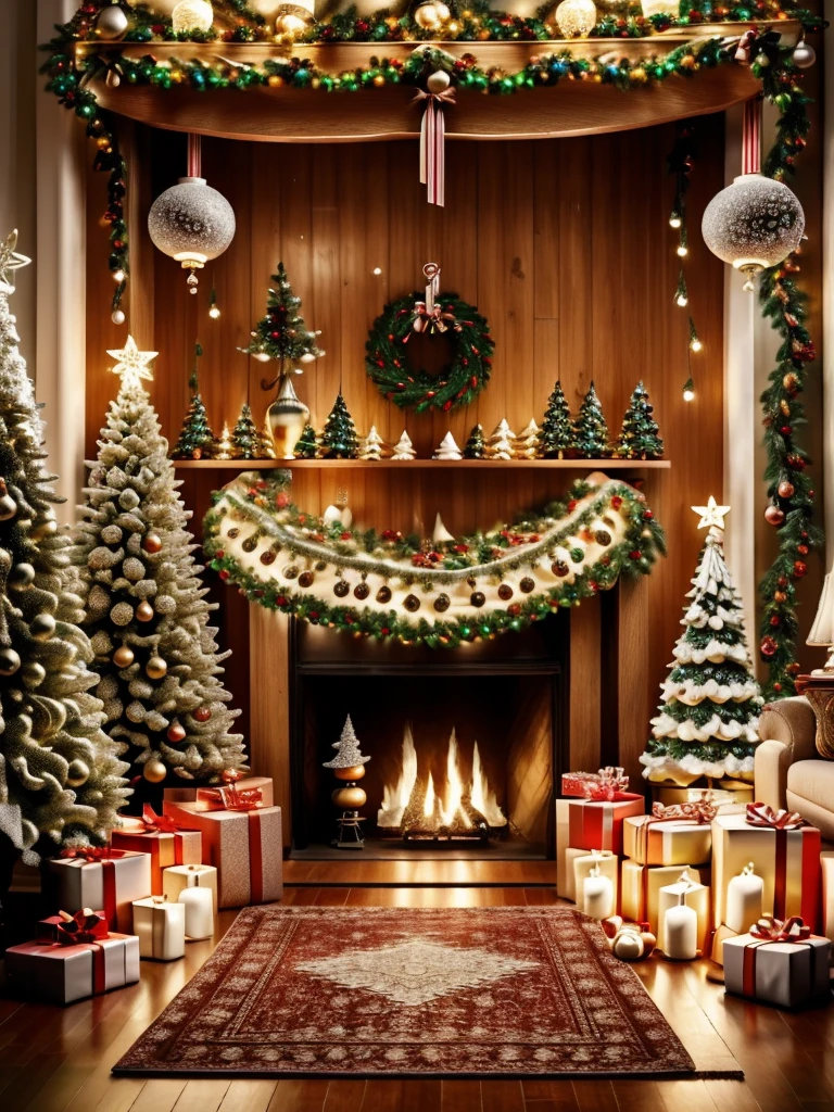 ultra real photo, tmasterpiece, Best quality, ultra - detailed, 超高分辨率, RAW photos,(Christmas living room),(圣诞豪华Decorative style),A fusion of gorgeous Christmas elements and symmetry,落地窗充满温暖的圣诞lamplight。Beautiful Christmas furniture is placed in the center,Includes comfortable Christmas style sofa and chairs,Mild color。(Huge Christmas artwork hanging on the wall),old color,(Christmas unique style)。(墙壁Decorative style以圣诞元素Decorative style,The fireplace is warm、Lanterns hanging on the stairs、Colorful gifts wrapped under the Christmas tree、The floor is piled with gifts、wooden floor、Decorative style的松树、镶wooden floor、Manta ray and green、Christmas atmosphere、传统的Christmas atmosphere、Merry Christmas、gift tags、Christmas wreath、Decorative style、metal ribbon、Christmas tree lights、Candy and Snacks,Gingerbread Man,lamplight),Complements the mirror wall,Broaden the sense of space。(Ornate ceiling design with Christmas elements,悬挂的圣诞彩灯Decorative style让房间充满温暖, Soft lighting)。European Christmas style living room,ultra real photo,Extremely detailed and highest quality CG Unity 8K wallpapers, sn