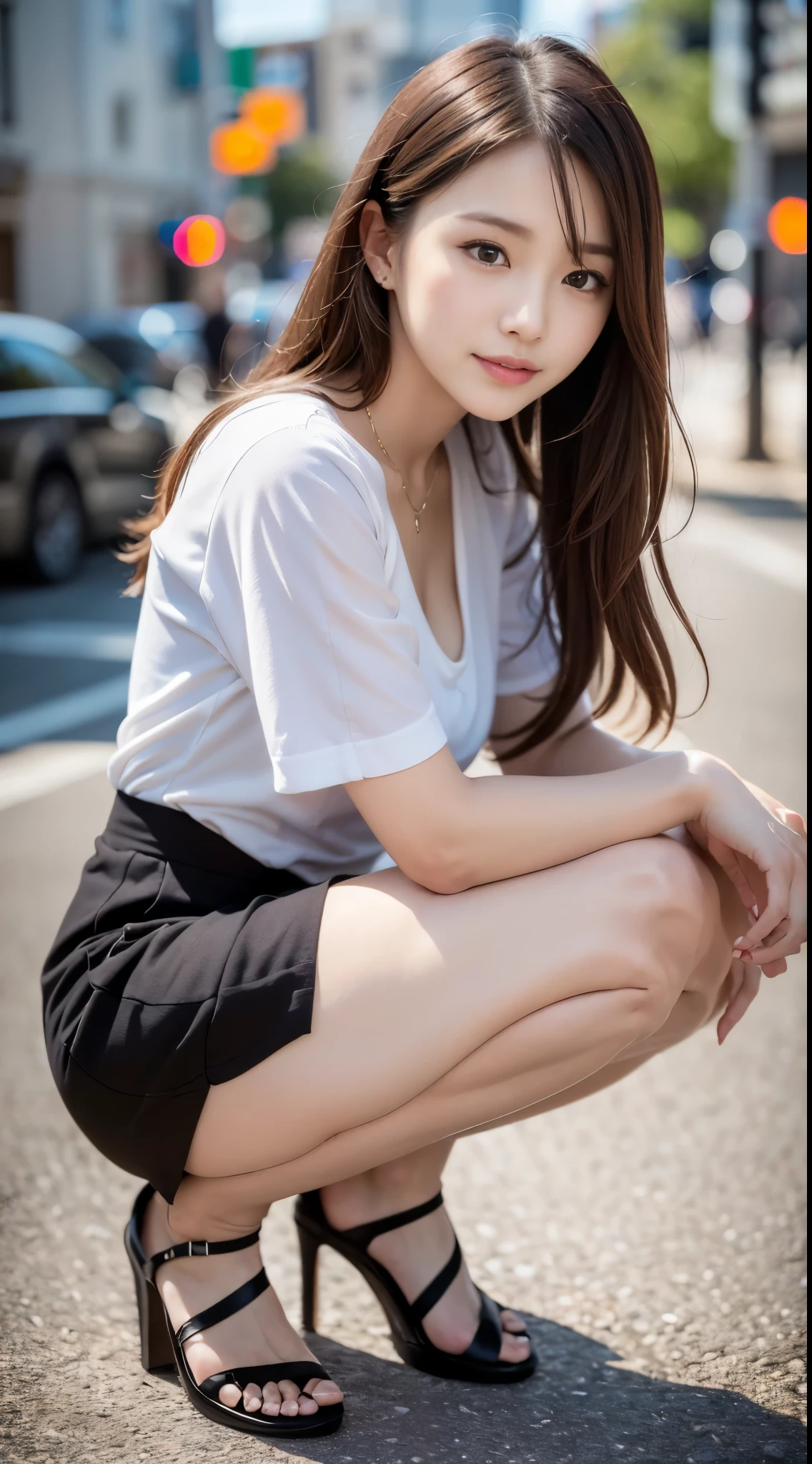 ((8k, RAW photos, top quality, masterpieces), high-definition RAW color photos professional close-up photos, (realistic, photorealism: 1.37), (highest quality), (best shadows), (best illustrations), ultra high resolution, high-definition CG unified 8K wallpapers, physically based rendering, movie lighting), 25 years old girl, (Wearing a stained color coat, white-shirts, brown pencil-skirt, a necklace、piercings), beautiful detail eyes, light on the face, ((full body shot: 1.2)), especially strong light, (upper eyes, grinning smile:1.2), shiny skin, (((dark brown hair, semi-long hair:1.2))), (thick thighs), shy, (flash:1.2), NSFW , (puffy), ((seductive posture: 1.2, attractive: 1.2)), (Sitting on a city street), ((good anatomy: 1.2)), ((bright and refreshing, background blurred: 1.2)), perfect face, cute face, (low angle shot:1.2), small breasts:1.2, small hip:1.2, Squatting on your knees, Cross your arms, Pin highHeel Sandals