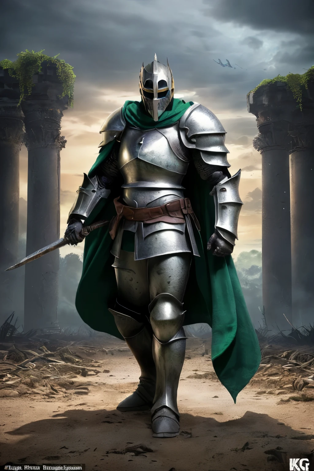 ((Isaac&#39;s cloak+green blue and green armor+male apocalypse knight+messenger of justice)+(A big mask doesn&#39;t show your true face+amazing image))&(High quality illustrations highly detailed+The details are unbeatable+It&#39;s full of weight)&(Strong muscles+a palace-like paradise，The background is fantastic+full body armored))