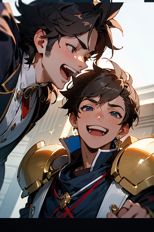 ((Best quality at best)), ((tmasterpiece)), (Detailed pubic hair), s the perfect face,1boys,Photos of Ares Saga laughing