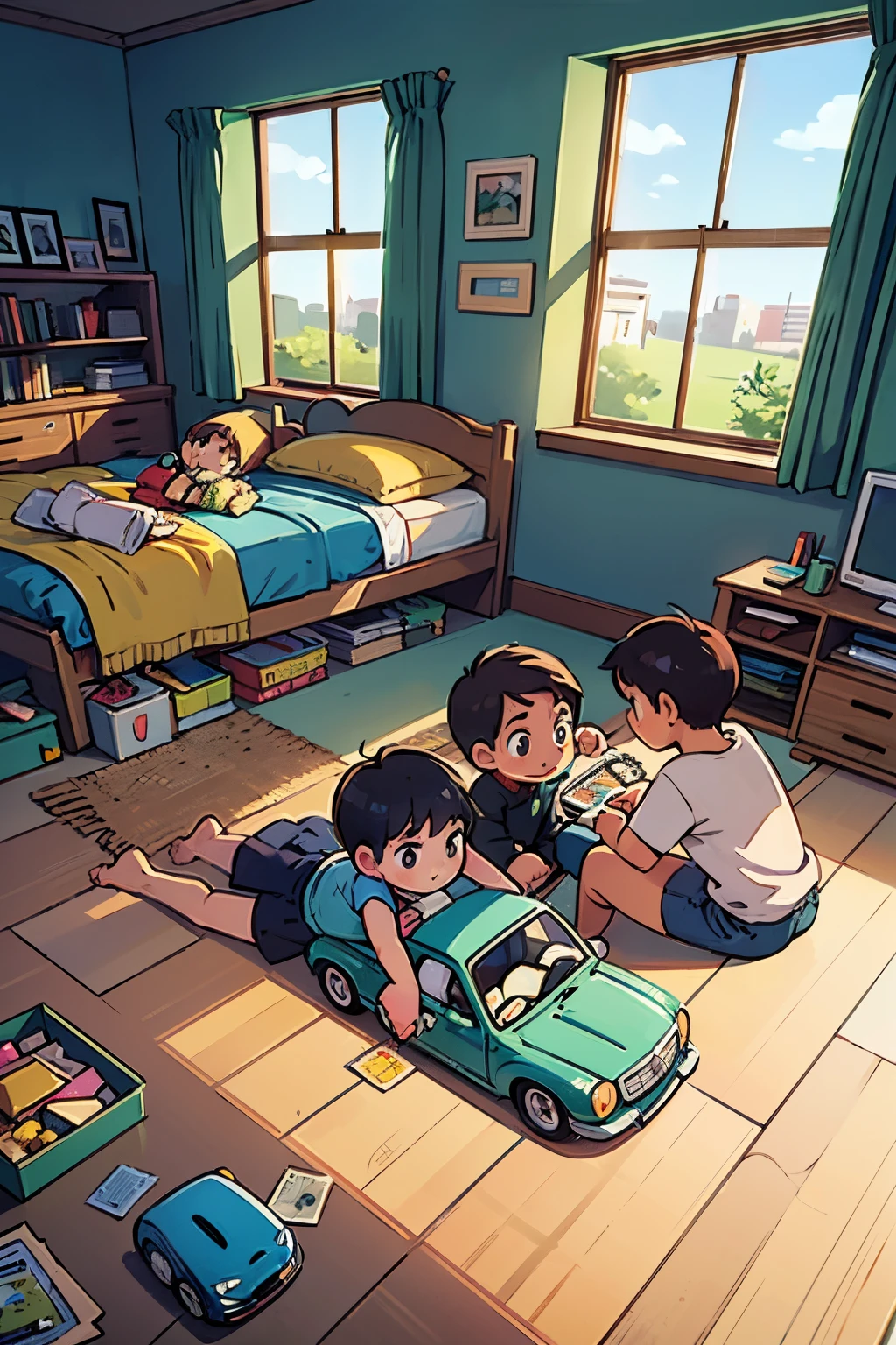 Two little boys lying on the ground，Assembling toy carackground in room，There is sunlight in the windows，There are toy car parts on the ground，Overlooking the perspective，Miyazaki painting style，a warm color palette