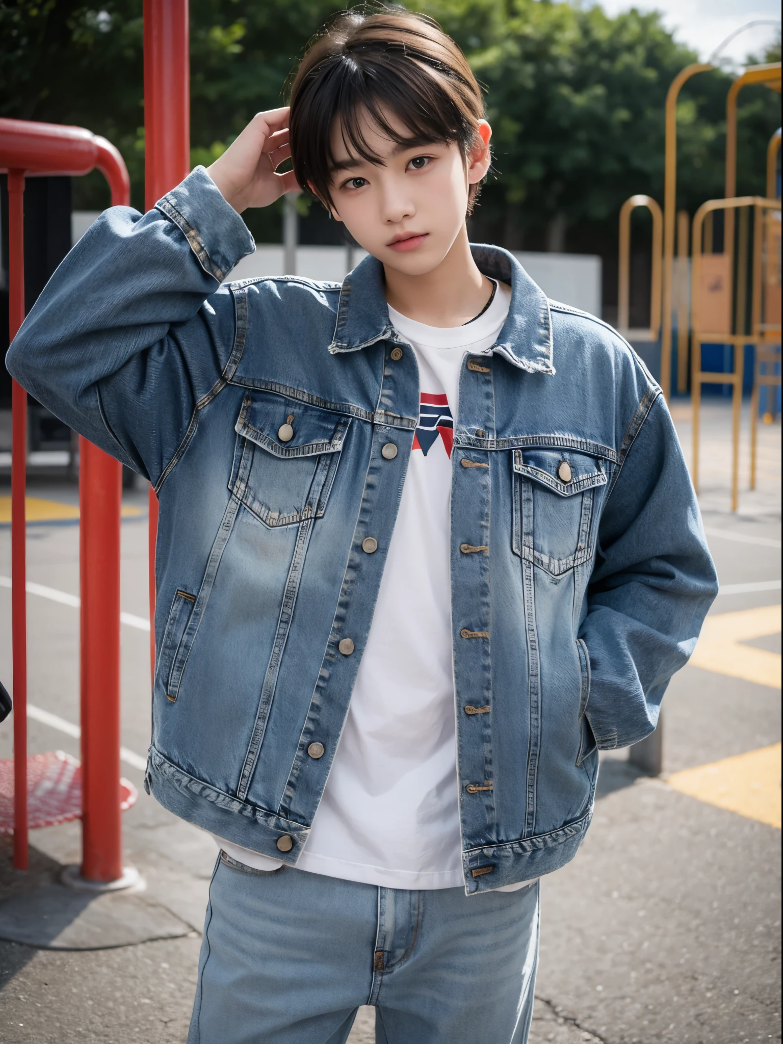 boy, 17 y.o, denim jacket, playground
