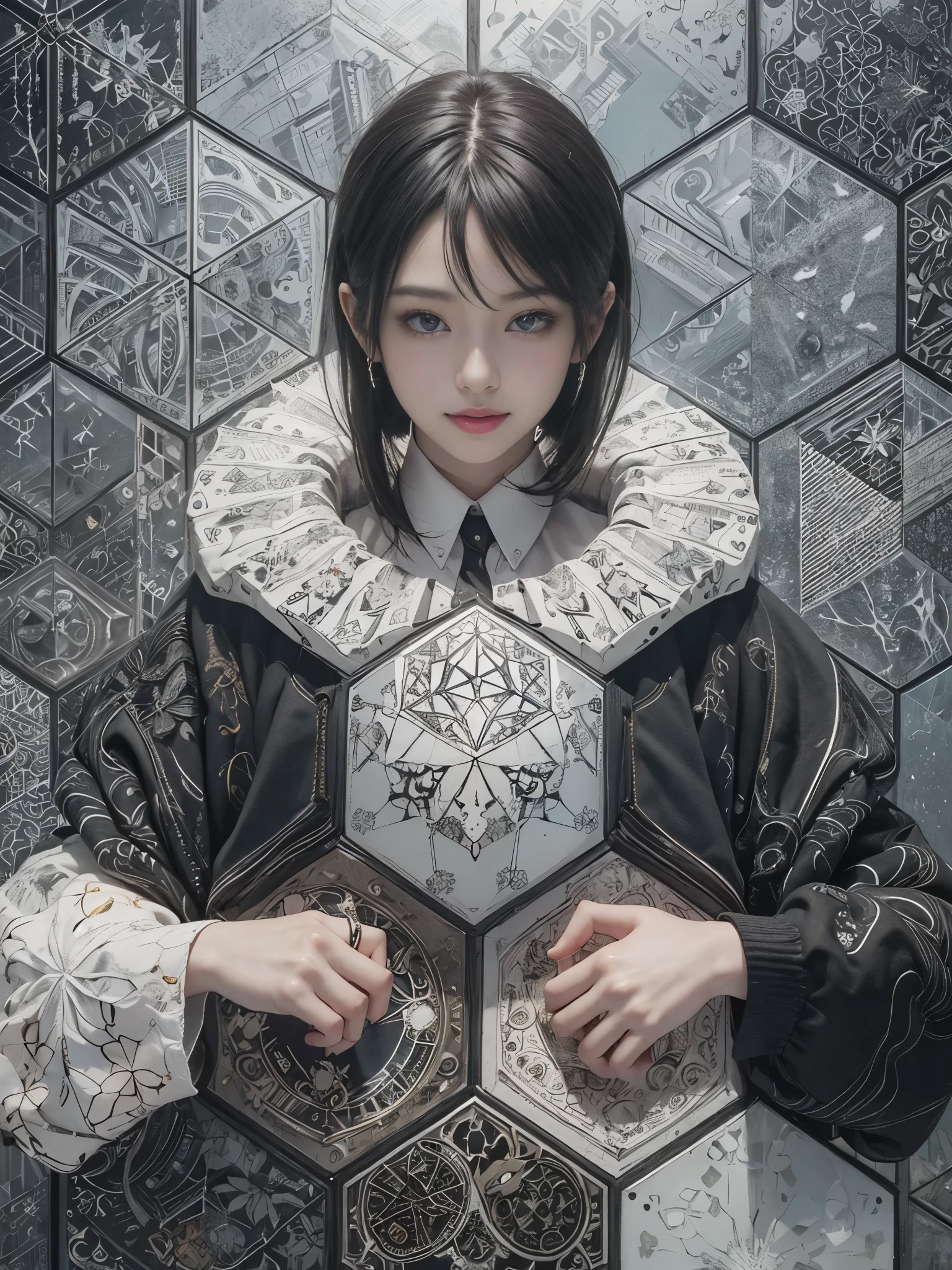 (Realistic, Geometrical art, official art, beautiful and aesthetic, ultra detailed, beautiful, masterpiece, best quality:1.8), (1girl:1.2), Detailed face, Detailed eyes, Detailed hair, Detailed fingers, five fingers,
_
BREAK cute ig model, Japanese cute model, 22 years old, Tightened all body, small head, small face, small mouth, diamond Face, small nose, Sharp Faceline, smile,Teeth, (dropy eyes, Double eyelid, Light color eyes, Moist eyes, Shiny eyes:1.2), Shiny hair, Shiny skin,
_
BREAK (happy, smile, Teeth, Glossy Lips), beautiful Teeth,
_
BREAK (oversize, black long sweat on print sweatshirt:1.2),(Collared White Geometric patterns print:1.2),(black tight long skirt:1.2), (black and White Enamel high-cut Sneakers:1.2),silver necklace,earring,