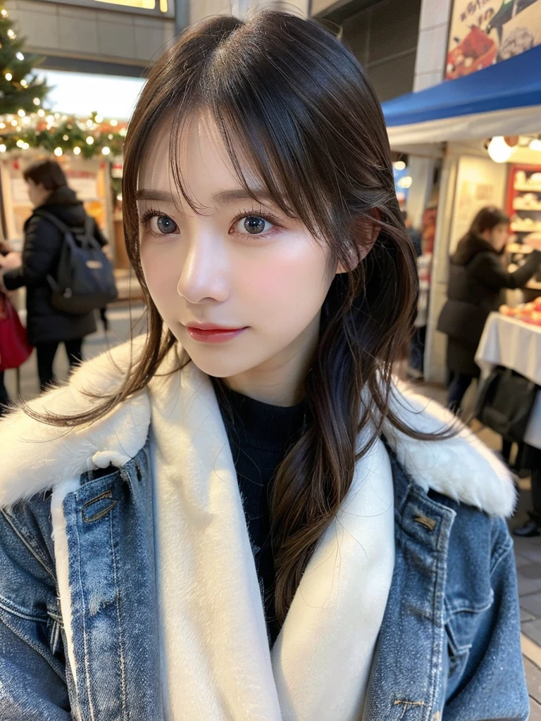 (top-quality,masterpiece:1.3,超A high resolution,),(ultra-detailliert,Caustics),(Photorealsitic:1.4,RAW shooting,)Ultra-realistic capture,A highly detailed,high-definition16Kfor human skin、 Skin texture is natural、、The skin looks healthy with an even tone,One Woman,japanes,,kawaii、(depth of fields、chromatic abberation、、Wide range of lighting、Natural Shading、)、Winters、Down jacket、Christmas Market