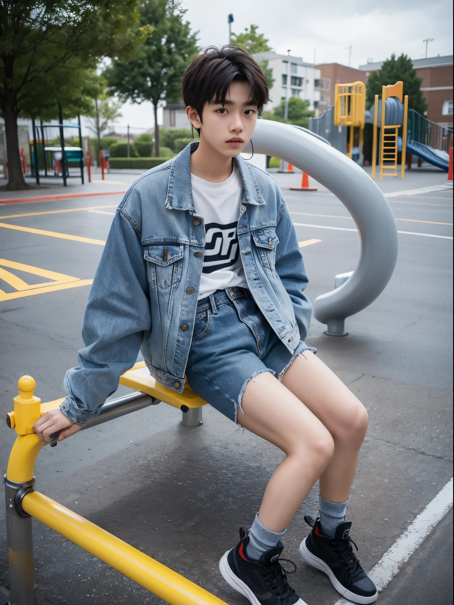 boy, 17 y.o, denim jacket, playground