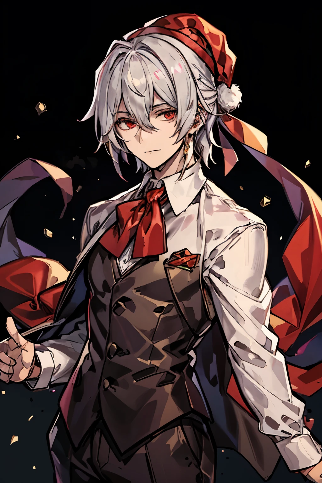 male,male focus,white hair,red eyes,formal,half updo,hair between eyes,long sleeves,short hair,collared shirt,hair ribbon,ribbon,anime,comics,(roupa de natal, Christmas hat)