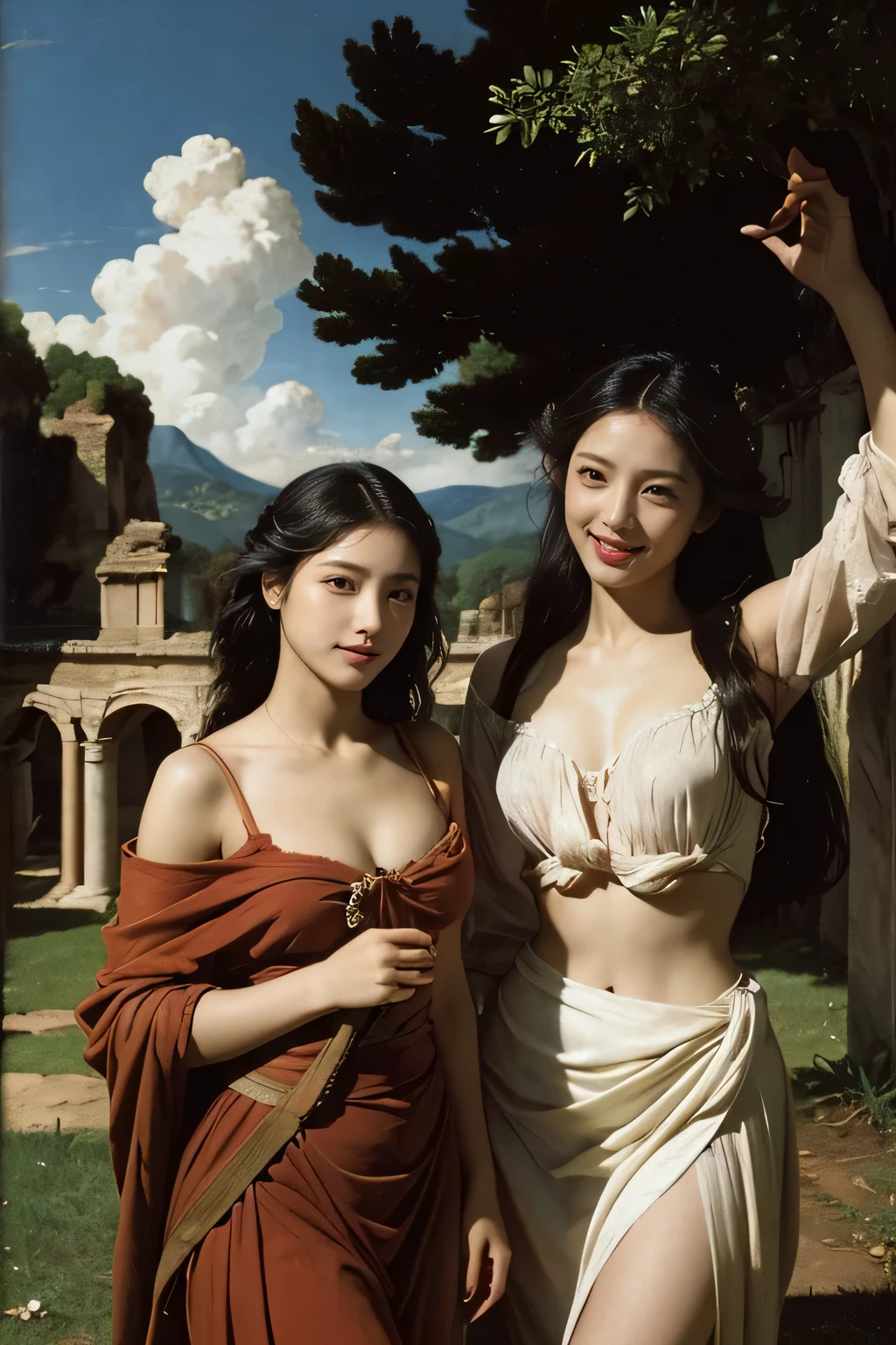 Ancient Roman ruins,Poussin-style landscape,A smile,,Sweet and seductive appearance.、Caravaggio's paintings、Chiaroscuro of Caravaggio、Hair disheveled in the wind,Two women frolicking,Cute smile, Expression of ecstasy,A sexy,Erotic