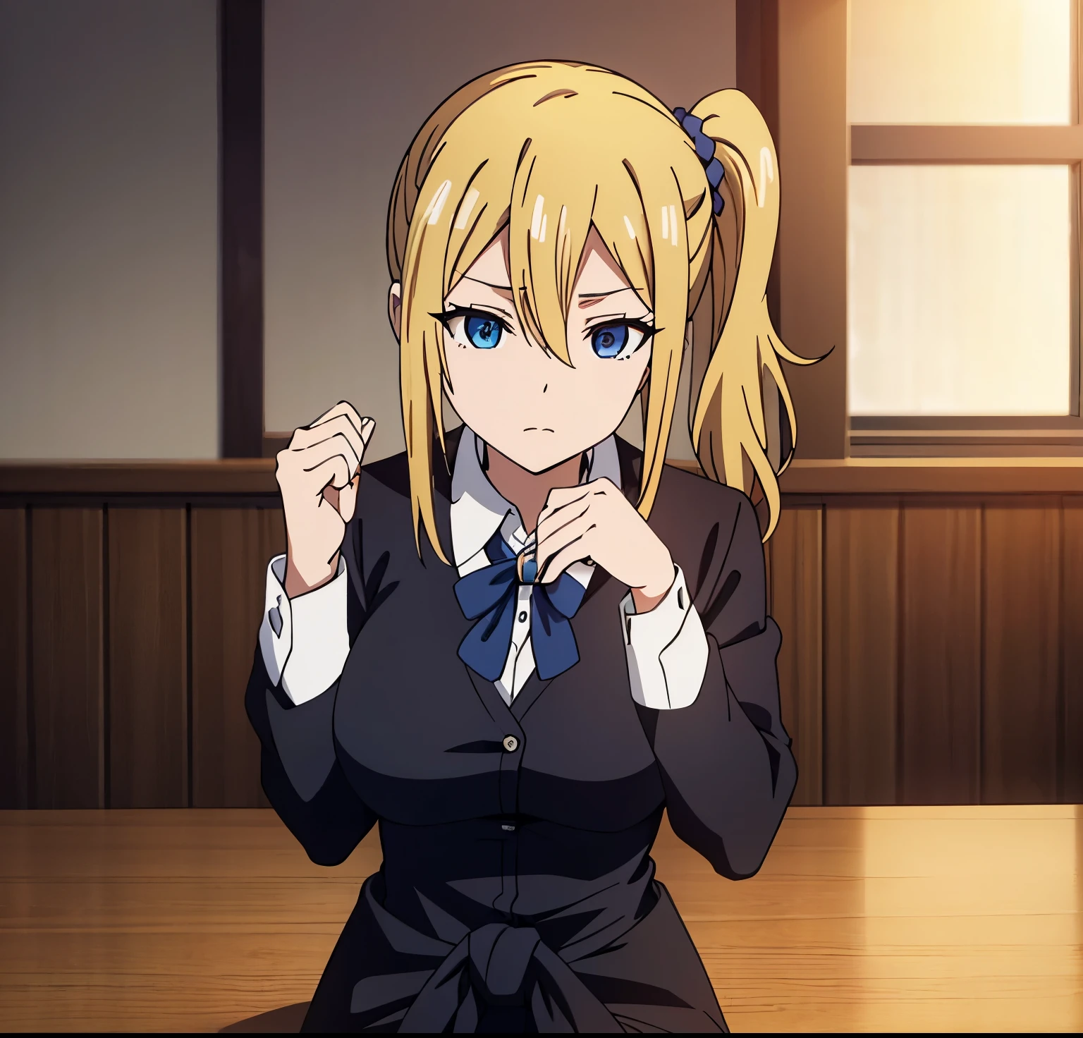 aihayasaka, ai hayasaka, blonde hair, blue eyes, blue scrunchie, hair between eyes, hair scrunchie, long hair, scrunchie, side ponytail, sidelocks,
BREAK black sweater, blouse, cardigan, cardigan around waist, clothes around waist, collared shirt, dress shirt, long sleeves, school uniform, shirt, shuuchiin academy school uniform, skirt, sweater, white shirt,
BREAK looking at viewer,
BREAK indoors, classroom,
BREAK (masterpiece:1.2), best quality, high resolution, unity 8k wallpaper, (illustration:0.8), (beautiful detailed eyes:1.6), extremely detailed face, perfect lighting, extremely detailed CG, (perfect hands, perfect anatomy),