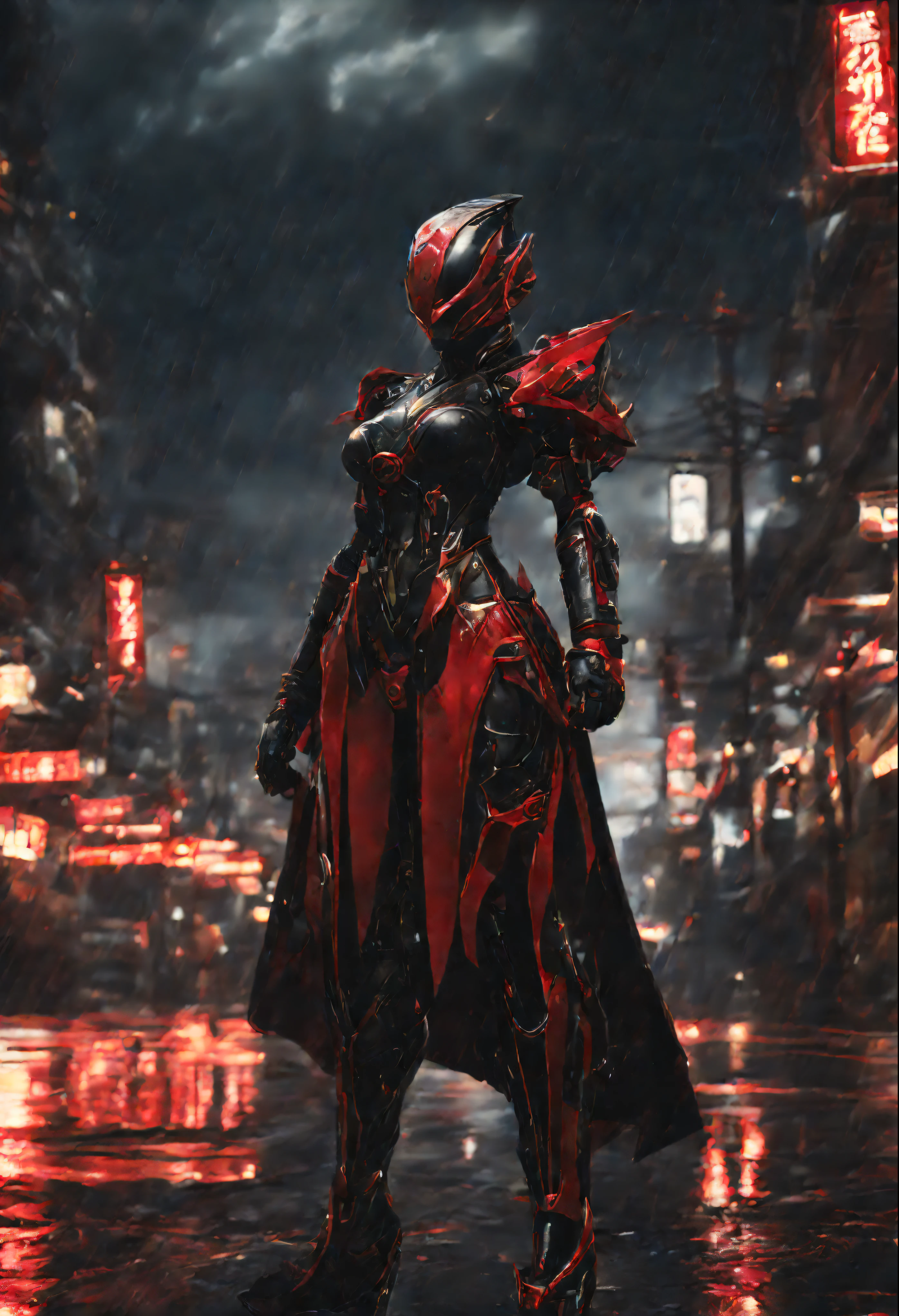 1 japanese girl, WARFRAME, intricate pattern, heavy metal, energy lines, faceless, glowing eyes, elegant, intense, blood red and black uniform, solo, modern, city, streets, dark clouds, thunderstorm, heavy rain,, dramatic lighting,, (masterpiece:1.2), best quality, high resolution, beautiful detailed, extremely detailed, perfect lighting,