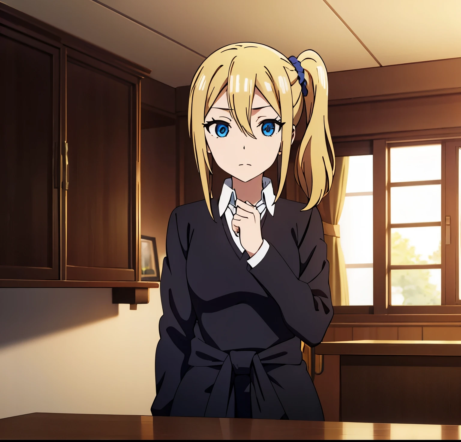 aihayasaka, ai hayasaka, blonde hair, blue eyes, blue scrunchie, hair between eyes, hair scrunchie, long hair, scrunchie, side ponytail, sidelocks,
BREAK black sweater, blouse, cardigan, cardigan around waist, clothes around waist, collared shirt, dress shirt, long sleeves, school uniform, shirt, shuuchiin academy school uniform, skirt, sweater, white shirt,
BREAK looking at viewer,
BREAK indoors, classroom,
BREAK (masterpiece:1.2), best quality, high resolution, unity 8k wallpaper, (illustration:0.8), (beautiful detailed eyes:1.6), extremely detailed face, perfect lighting, extremely detailed CG, (perfect hands, perfect anatomy),