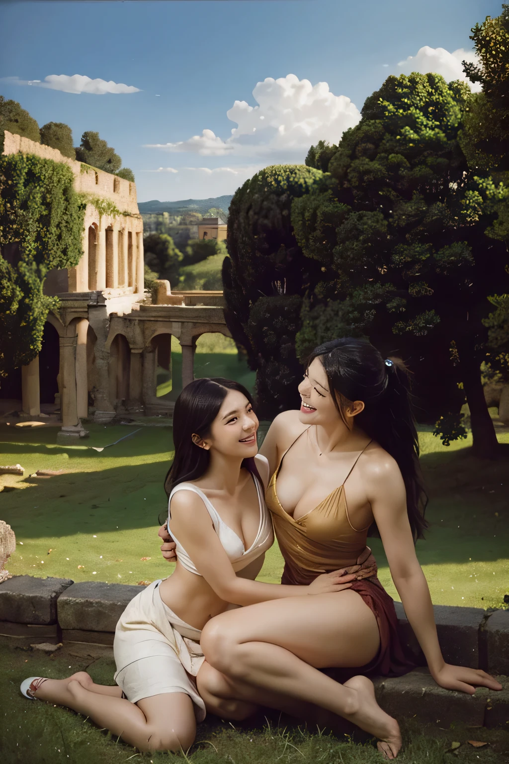 Ancient Roman ruins,Poussin-style landscape,A smile,,Sweet and seductive appearance.、Caravaggio's paintings、Chiaroscuro of Caravaggio、Hair disheveled in the wind,Two women frolicking,Cute smile, Expression of ecstasy,A sexy,Erotic