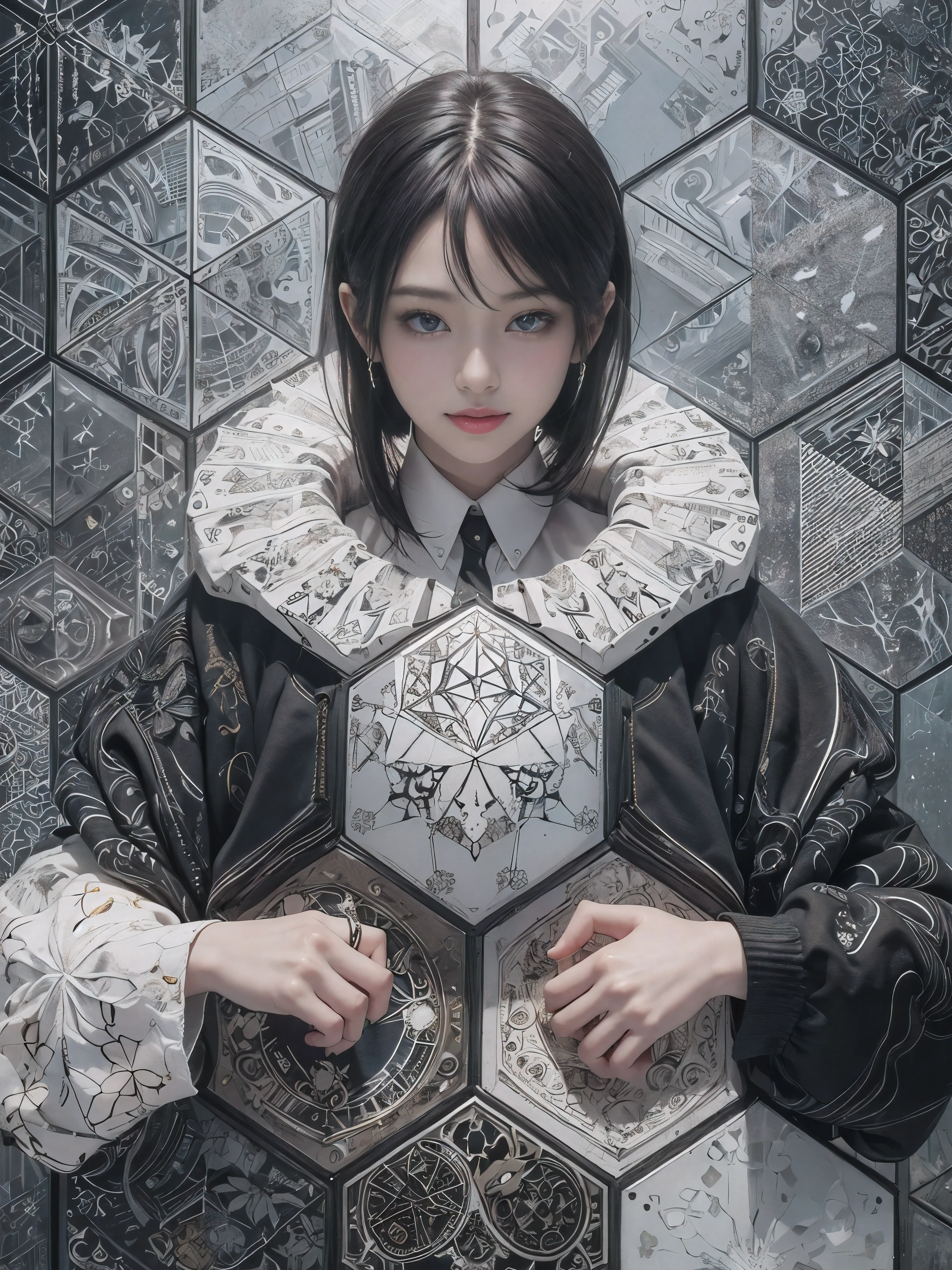 (Realistic, Geometric art, Official art, Beautiful and aesthetic, ultra-detailliert, Beautiful, masutepiece, Best Quality:1.8), (1girl in:1.2), Detailed face, Detailed eyes, detailed hairs, Detailed fingers, Five Fingers,
_
BREAK cute ig model, Cute models in Japan, 22 years old, My whole body is toned, small head, a small face, small mouth, Diamond Face, small nose, Sharp face lines, Smile,牙, (drooing eyes, 二重まぶた, bright color eyes, Moist eyes, shiny eyes:1.2), Shiny hair, Shiny skin,
_
BREAK (Happy, Smile, 牙, Glossy lips), Beautiful 牙,
_
BREAK (Oversize, Printed sweatshirt and long black sweatshirt:1.2),(White geometric print with collar:1.2),(brack タイト ロング スカート:1.2), (brack&White enamel high-cut sneakers:1.2),Silver necklace,Earring,