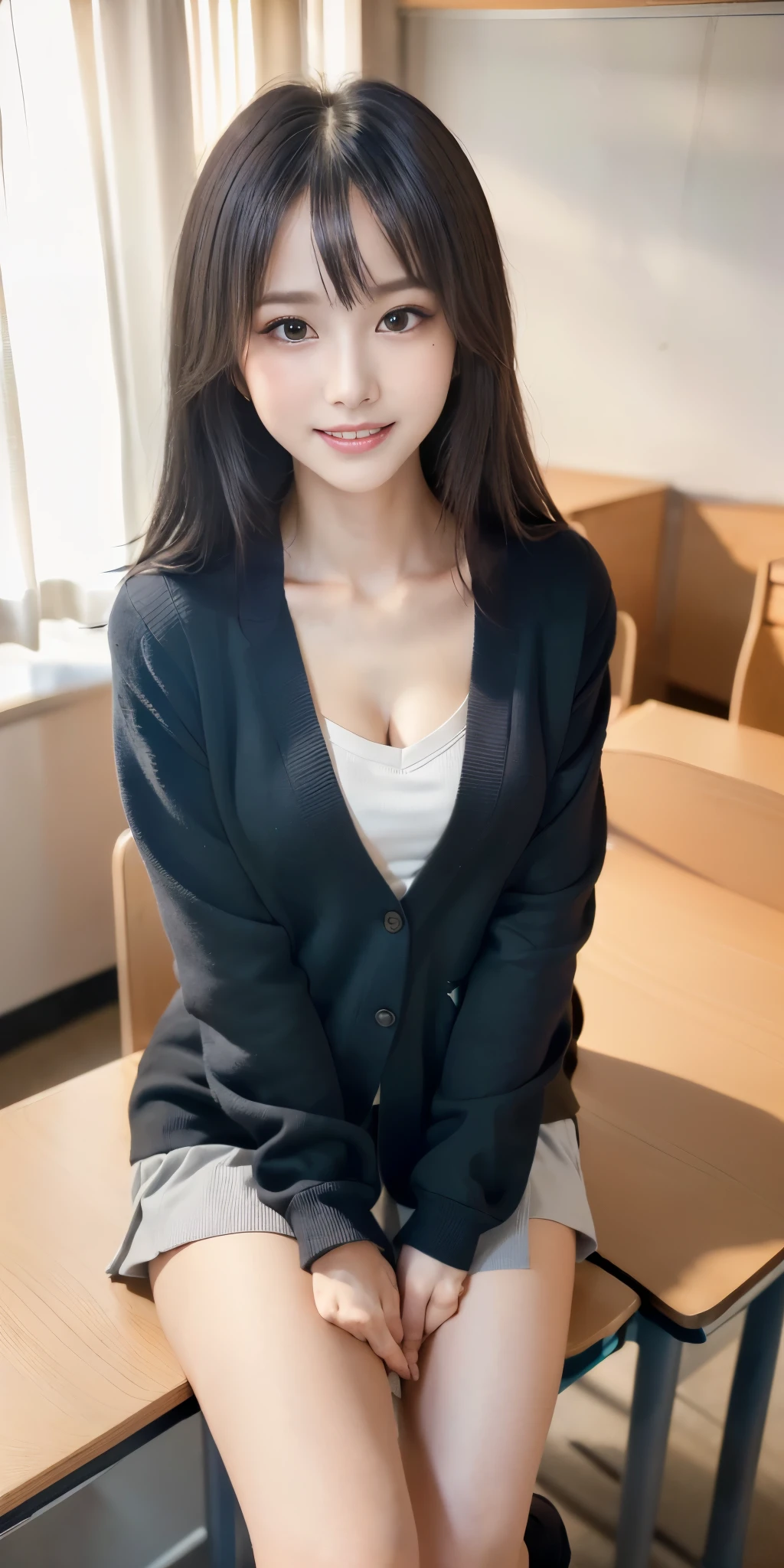 ((top-quality、in 8K、masterpiece:1.3, Photorealsitic:1.3,)), (((white ribbed panties:1.2, Inter-strands}))), Japanese high school girl, 1 female, A dark-haired, With bangs, ((Japan schoolgirl uniform, sockes, Thicker thighs, opens legs)), a baby face, with round face, pony tail hairstyle, Highly detailed facial and skin texture, A detailed eye, Detailed lips、Highly detailed hair depiction, pureerosface_v1, Natural makeup:1.0, cleavage, Dark blue high socks