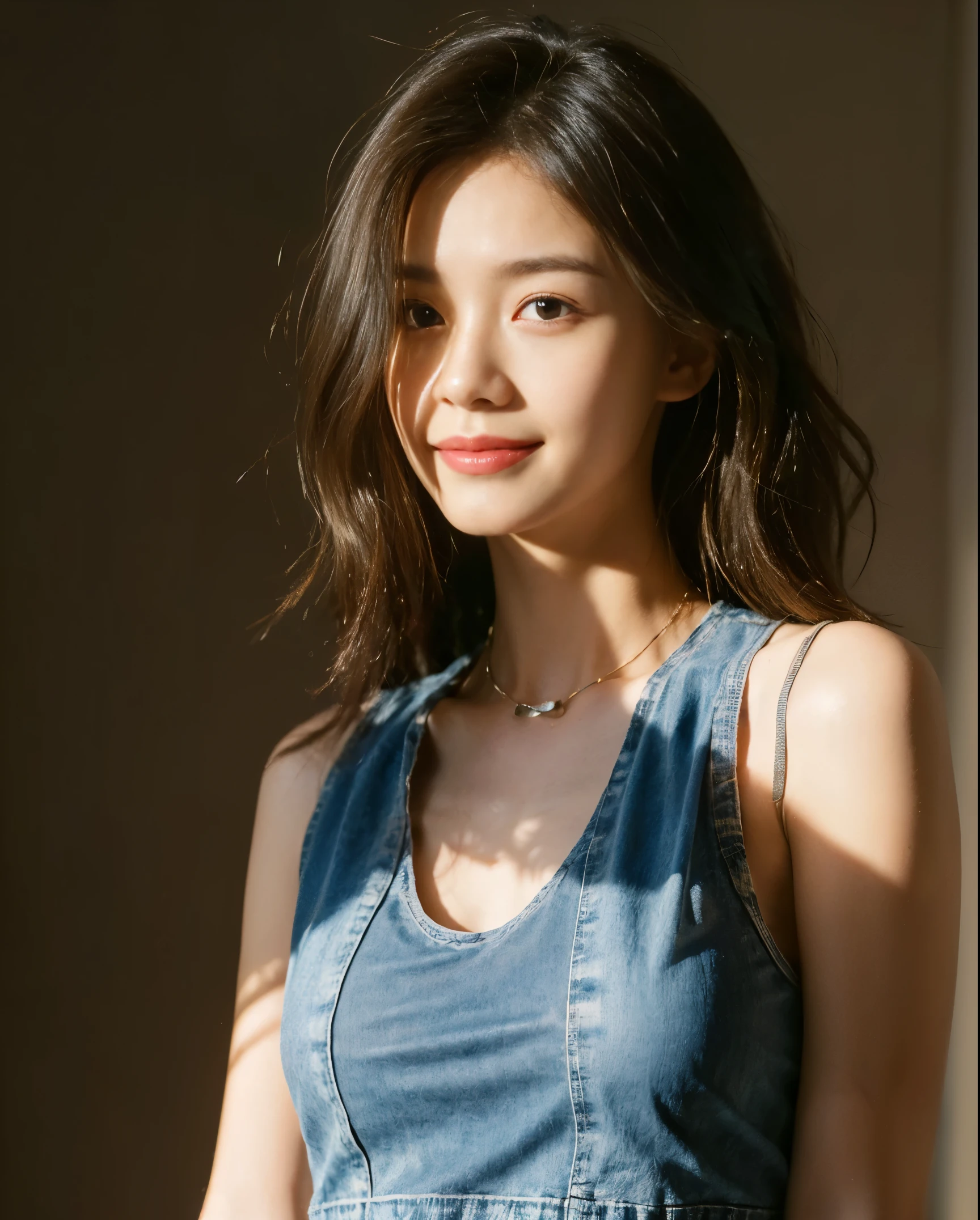 ((medium chest, long hair, small head)), daylight, sunlight, (well-defined abs: 1.1), (perfect body: 1.1), (short wavy hair: 1.2), russet hair, collar, chain, full body photo, shabby street, wearing a black tank top, denim jacket, ((shorttremely detailed CG 8k wallpaper), (extremely delicate and beautiful), (masterpiece), (Best Quality: 1.0), (Ultra Resolution: 1.0), Beautiful Lighting, Perfect Lightning, Realistic Shadows, [High Resolution], Detailed Skins, Ultra Detailed, smile