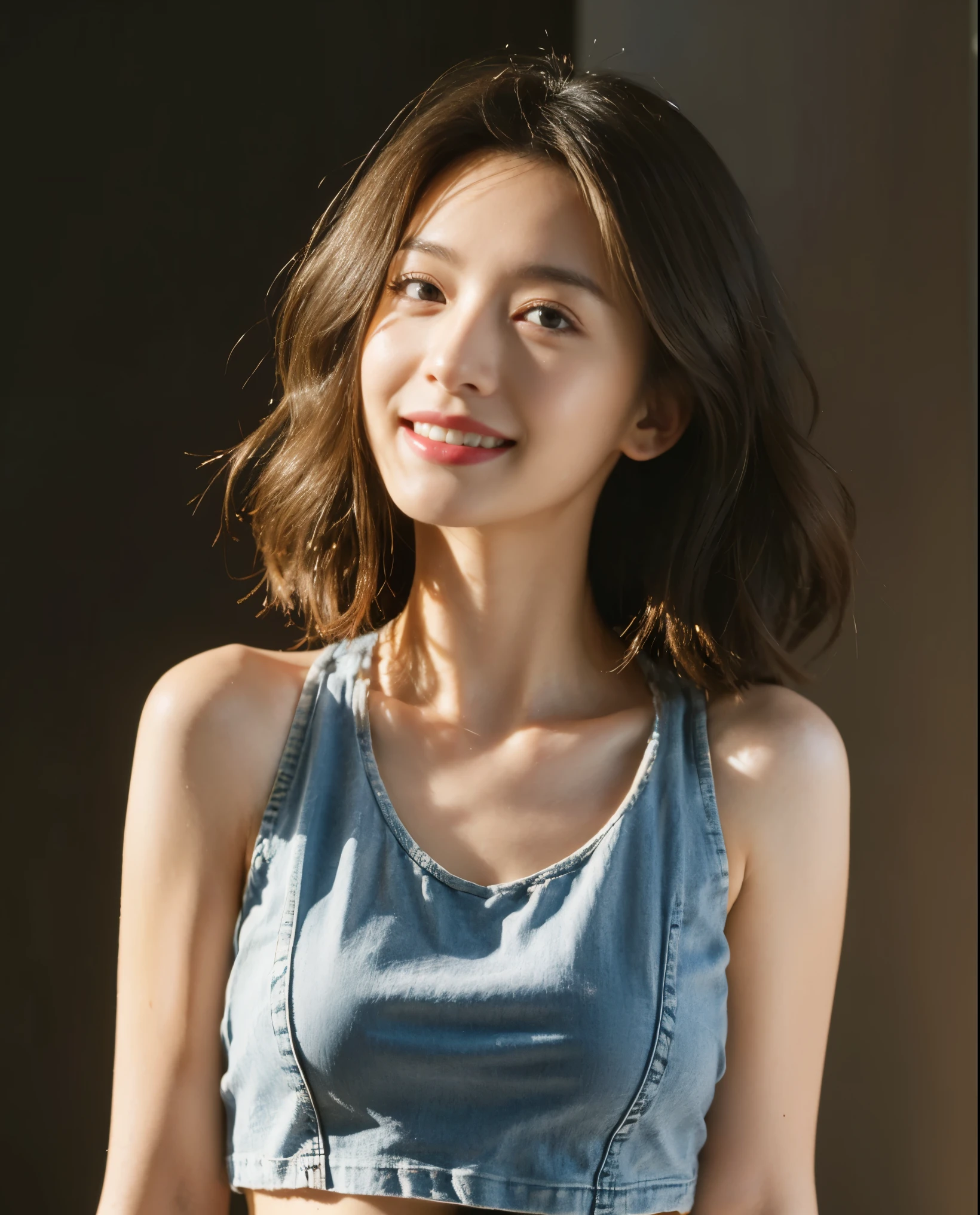 ((medium chest, long hair, small head)), daylight, sunlight, (well-defined abs: 1.1), (perfect body: 1.1), (short wavy hair: 1.2), russet hair, collar, chain, full body photo, shabby street, wearing a black tank top, denim jacket, ((shorttremely detailed CG 8k wallpaper), (extremely delicate and beautiful), (masterpiece), (Best Quality: 1.0), (Ultra Resolution: 1.0), Beautiful Lighting, Perfect Lightning, Realistic Shadows, [High Resolution], Detailed Skins, Ultra Detailed, smile
