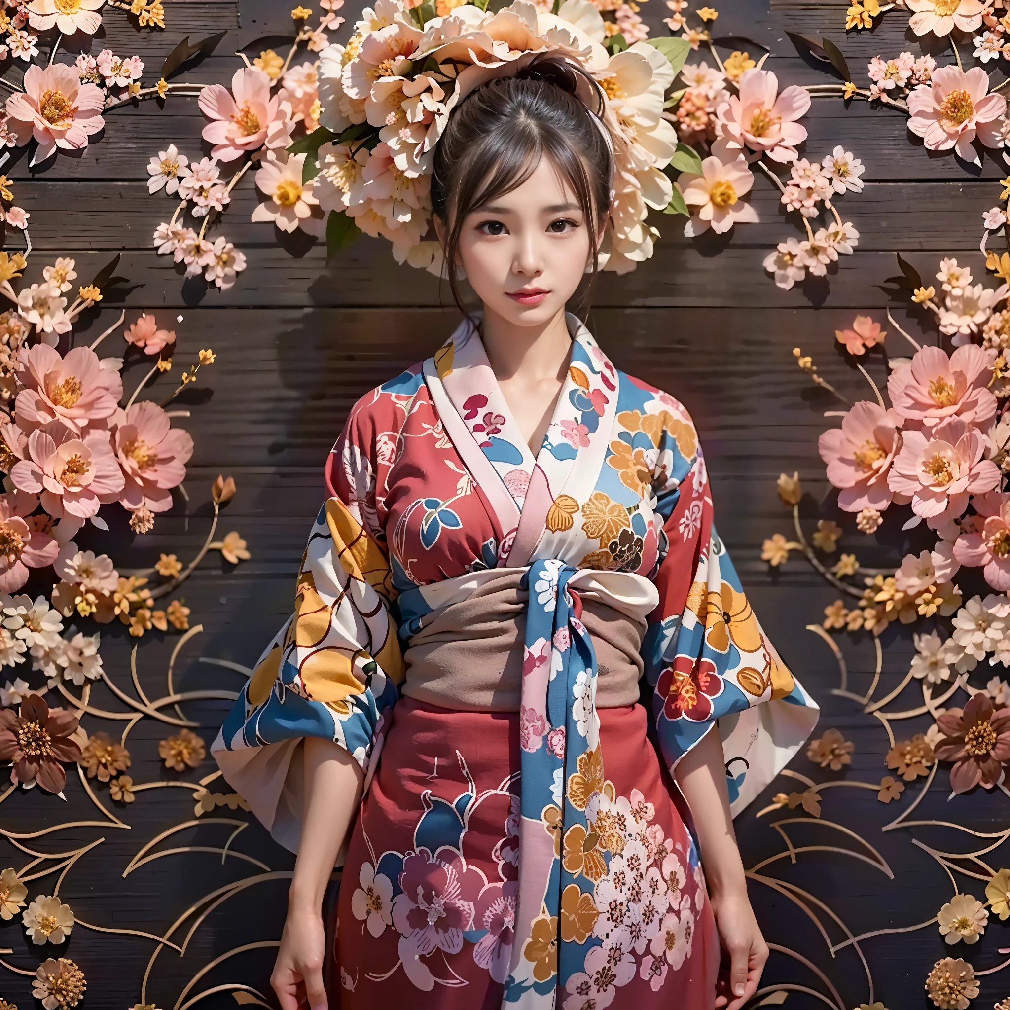 symmetrical, Compositions with coloful geometric arabesque patterns, (cowboy shot), (Bun hair, dark brown hair), (top-quality, Photorealsitic:1.4, masterpiece:1.3, RAW Photography:1.2, cinematric light, very detailed illustration), (1woman:1.3, solo), (Japan kimono with cherry blossom pattern:1.3), (asian girl, ultra delicate face, ultra Beautiful fece, ultra delicate eyes, ultra detailed nose, ultra detailed mouth, ultra detailed facial features), ite woman, (midium breast:1.3), from the front side, skiny, lipgloss, smile:0.8, Make a heart shape with your fingers and pose