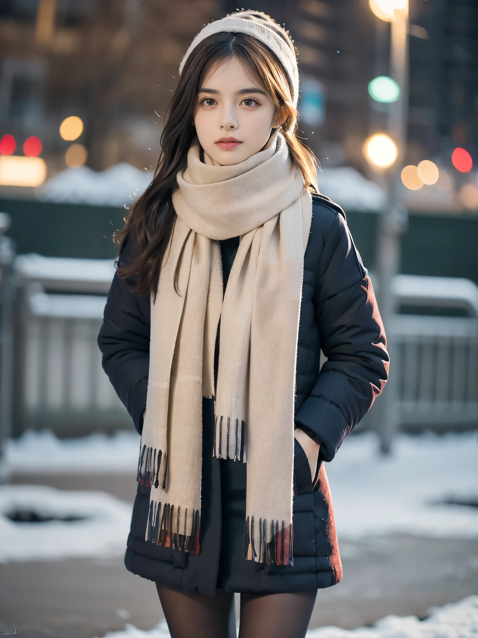 Obra maestra, La mejor calidad, ultrahigh resolution, Foto de alto detalle, Unidad 8K Fondo de pantalla, CG extremadamente detallado:1.2),(Foto RAW:1.realistic photography:1.4), 1girll , joven, physically based representation, Lindo, (Cara finamente detallada:1.4, Ropa detallada), (Detallado:1.4) Cara hermosa, Profundidad de campo, Agregar capa, hiperrealista, 27 years old, Modelo de cuerpo perfecto, senos perfectos, 175cm de altura, pose sexy, cuerpo completo, Tipo de cuerpo del modelo, (winter uniform and scarf coat:1.5), black tights, cityscape on Christmas night, Cabello largo, Eimi Fukada, doble parpado, depth of field, cinematic lighting, blurry, glowing light, bokeh