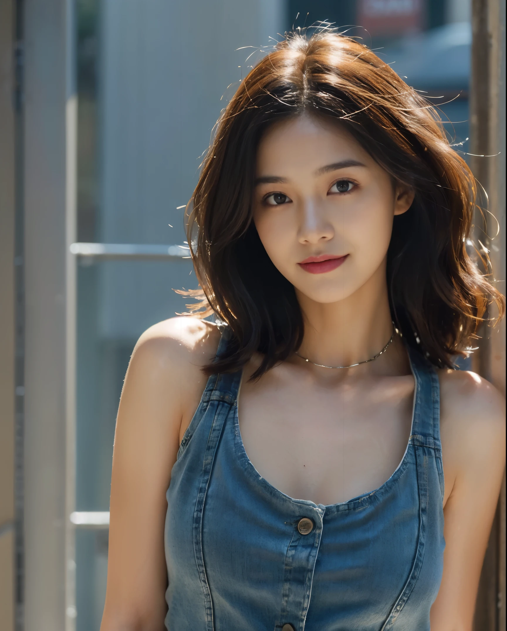 ((medium chest, long hair, small head)), daylight, sunlight, (well-defined abs: 1.1), (perfect body: 1.1), (short wavy hair: 1.2), russet hair, collar, chain, full body photo, shabby street, wearing a black tank top, denim jacket, ((shorttremely detailed CG 8k wallpaper), (extremely delicate and beautiful), (masterpiece), (Best Quality: 1.0), (Ultra Resolution: 1.0), Beautiful Lighting, Perfect Lightning, Realistic Shadows, [High Resolution], Detailed Skins, Ultra Detailed, smile