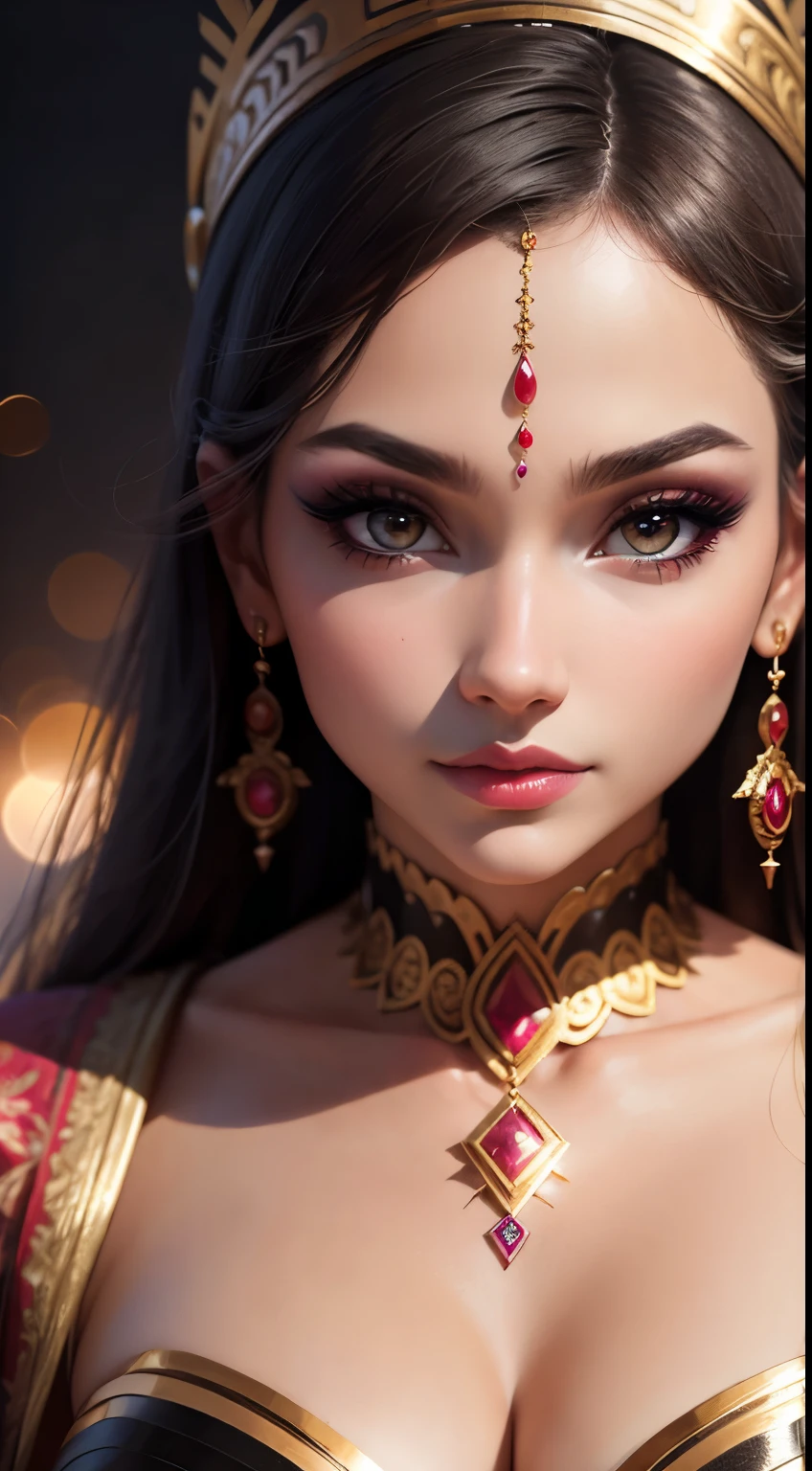 Goddess woman, make-up, bokeh, close-up, seductive look, modern outfit