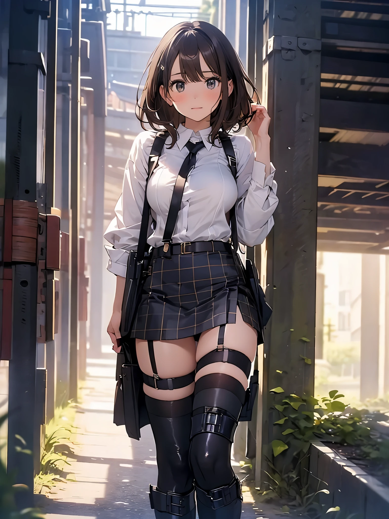 Brown hair、watching at viewers　　　black suspenders　　　Bulging big breasts　　 　 　　　walls: 　Black miniskirt　garters　　　　　　Gaze　　　Small face　bangss 　　　holster　　　Beautuful Women　　hands up　　レッグholster ベッドに横たわる　　Gaze 　black boots panty shot　provocation　flank　flank汗　soio 　arm