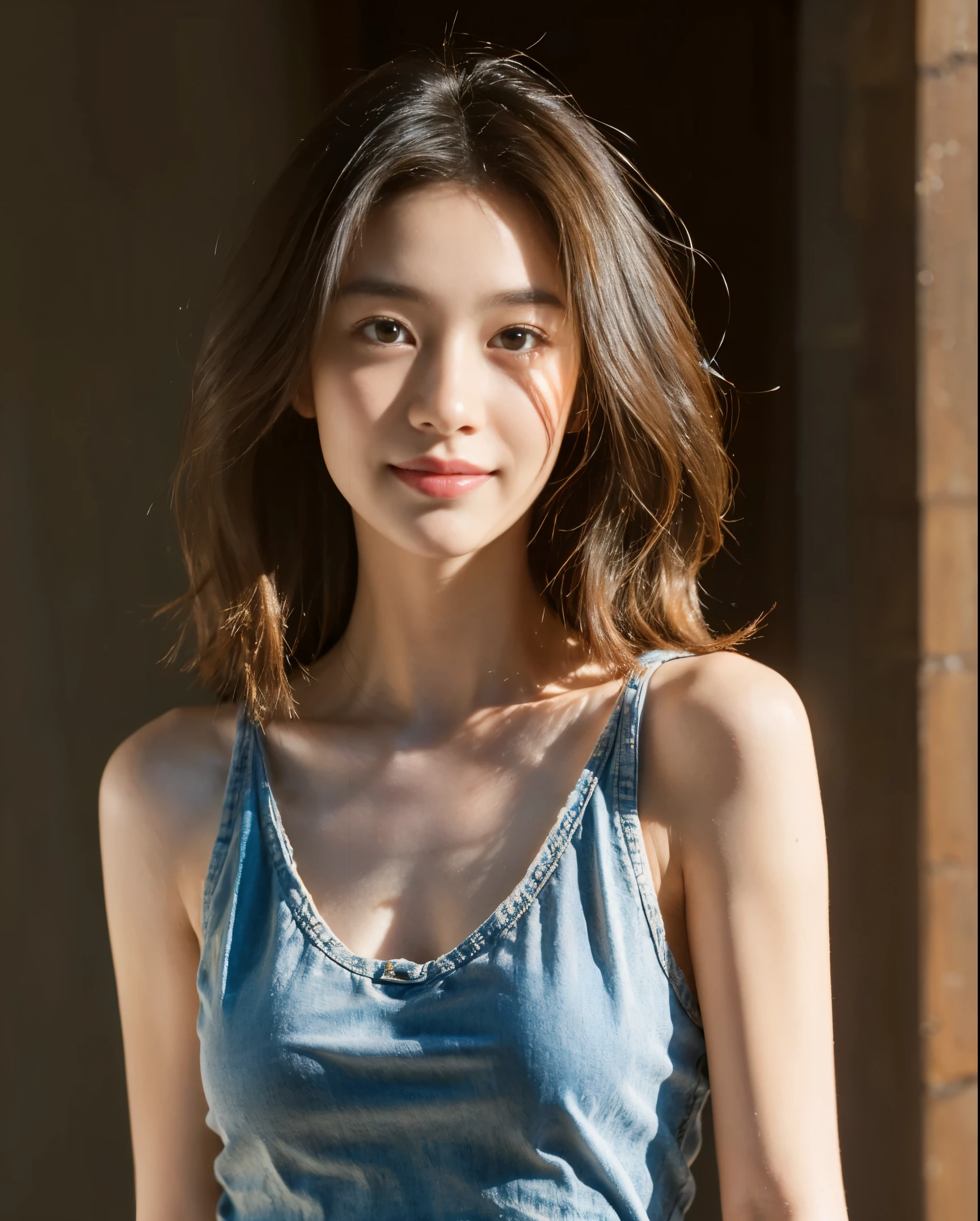 ((medium chest, long hair, small head)), daylight, sunlight, (well-defined abs: 1.1), (perfect body: 1.1), (short wavy hair: 1.2), russet hair, collar, chain, full body photo, shabby street, wearing a black tank top, denim jacket, ((shorttremely detailed CG 8k wallpaper), (extremely delicate and beautiful), (masterpiece), (Best Quality: 1.0), (Ultra Resolution: 1.0), Beautiful Lighting, Perfect Lightning, Realistic Shadows, [High Resolution], Detailed Skins, Ultra Detailed, smile