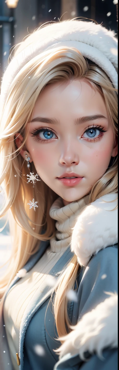 a young blond woman in winter clothing looking at camera with snow falling, beautiful digital artwork, realistic digital art 4 k, perfecteyes eyes, SAM YANG,