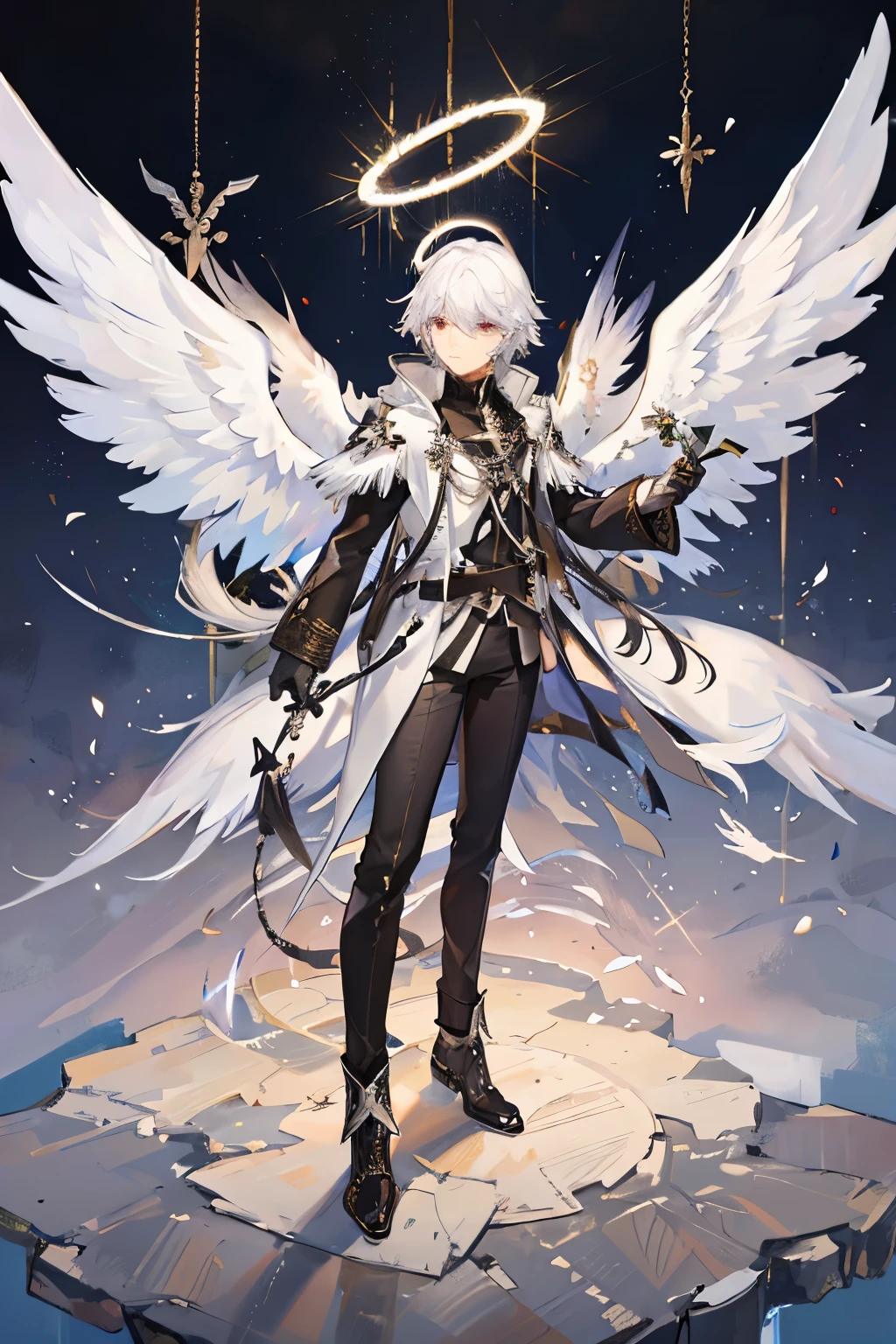 character sheet,4k work,masterpiece,high detailed,best work,male,seraphim,six wings,white and black wings,god like,angelic halo,floating halo,celestial halo,black coat,black pants,fantasy cloth,white messy hair,front view,back view,wings length