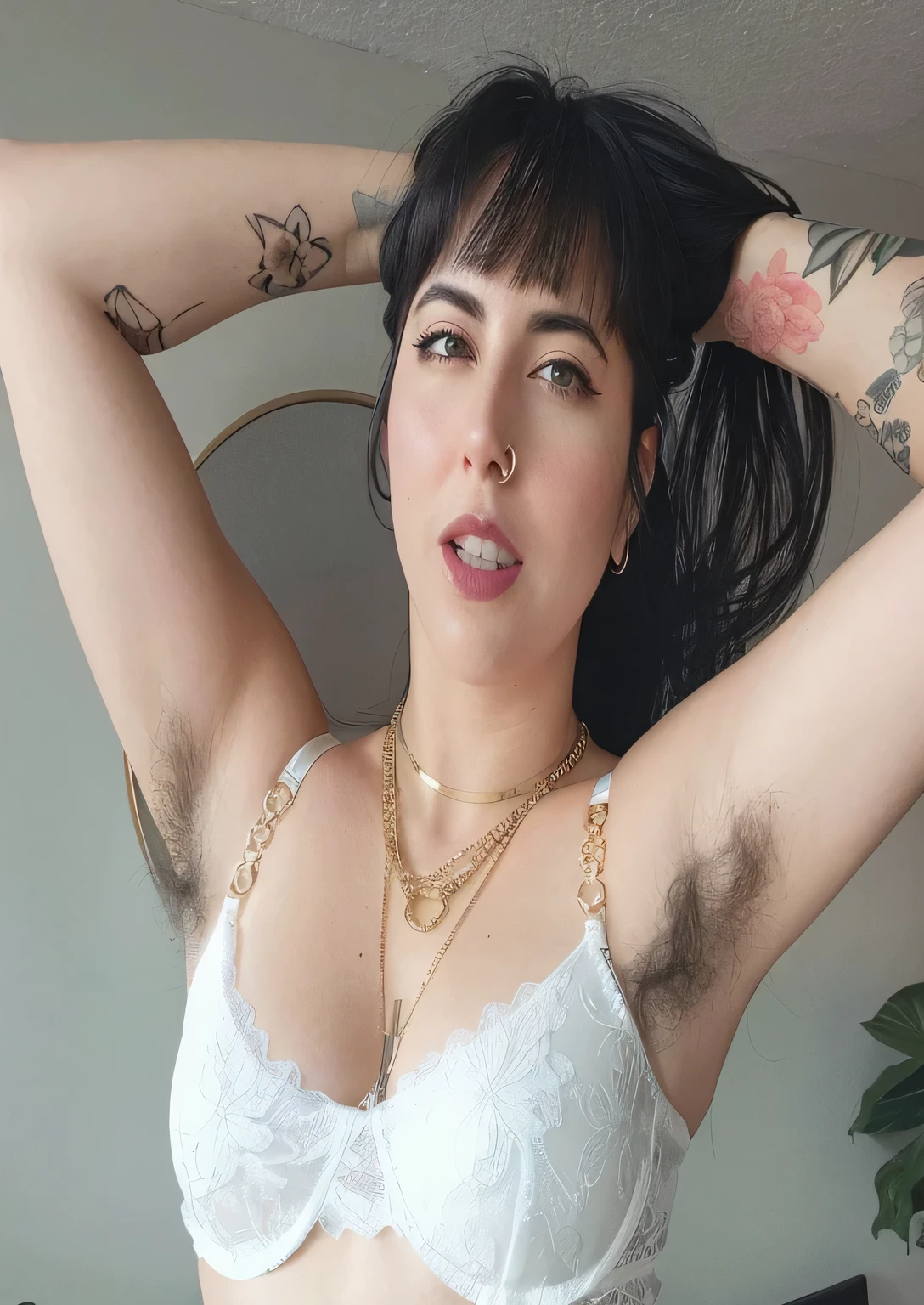 Extremely detailed, ((Open your legs)), ((Raise one arm)), ((Armpits are hairy)), A MILF, ((masutepiece)), top-quality, high-level image quality,16 K, (Emphasis on the chest), (Naked Aunt), Saggy udder, , Up to pubic hair, Pubic hair Gray hair, Staring at this, 80years old,