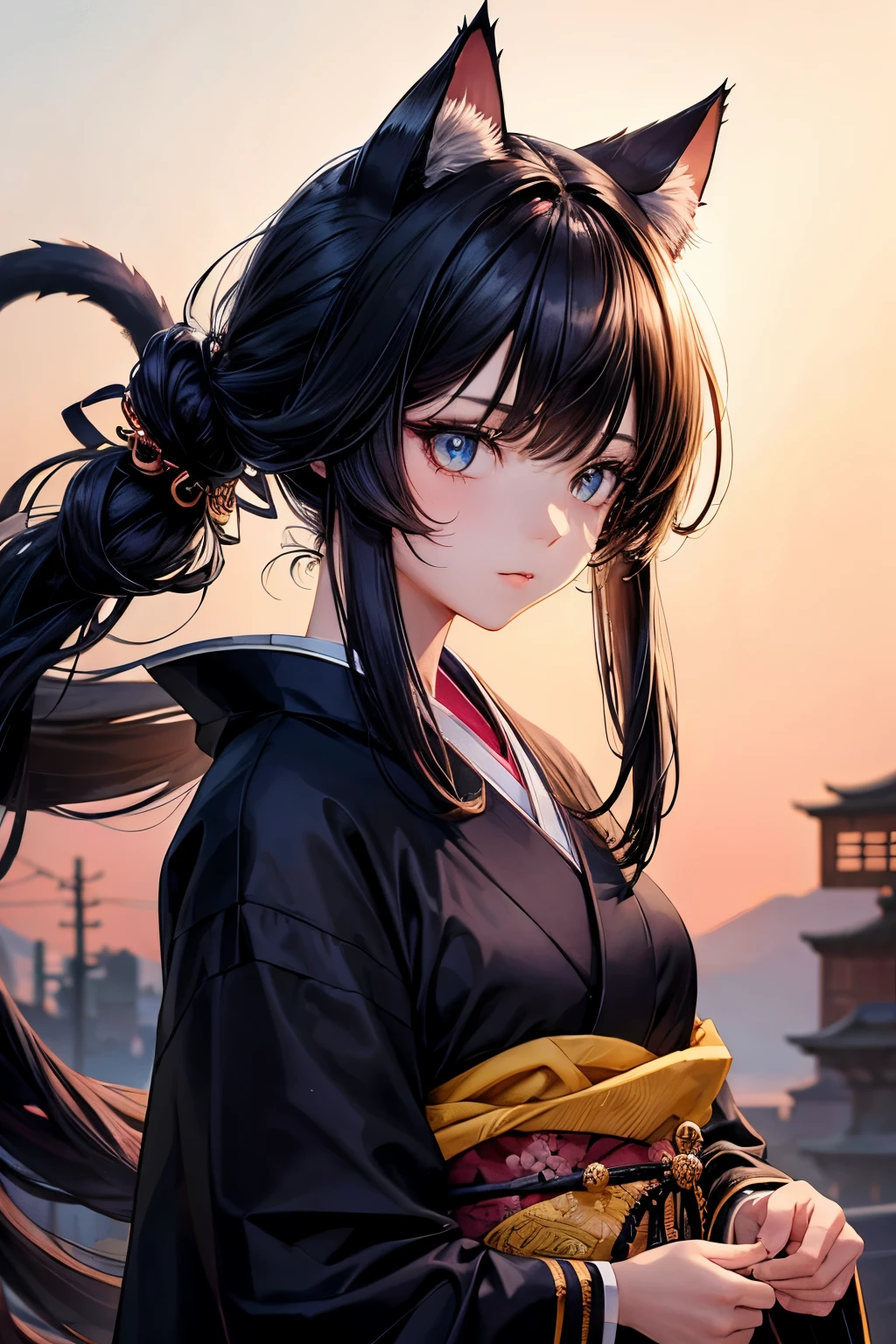 Top quality, high resolution, perfect human structure, background focus, standing, front view, glowing hair, cat ears, black hair, long, kimono, gradient eyes, swept bangs,