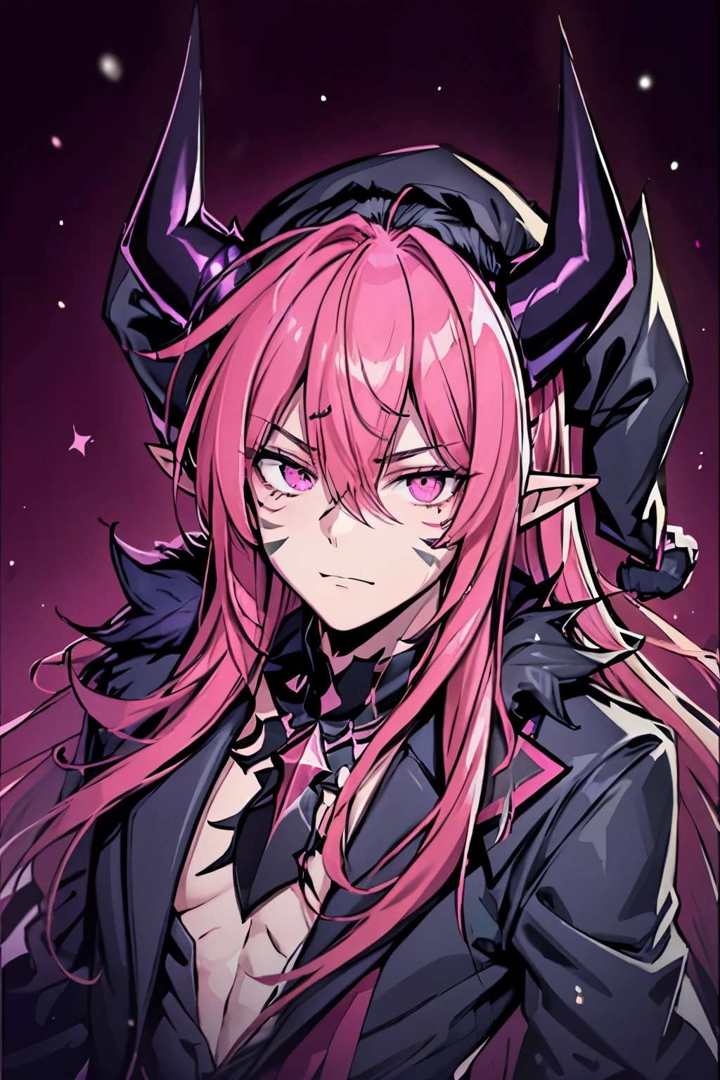 pointy ears, pink hair, comics, male focus, pink eyes, man, facial mark, demon boy, solo, long hair, male, horns, upper body, demon horns, hair between eyes, (roupa de natal, Christmas hat)