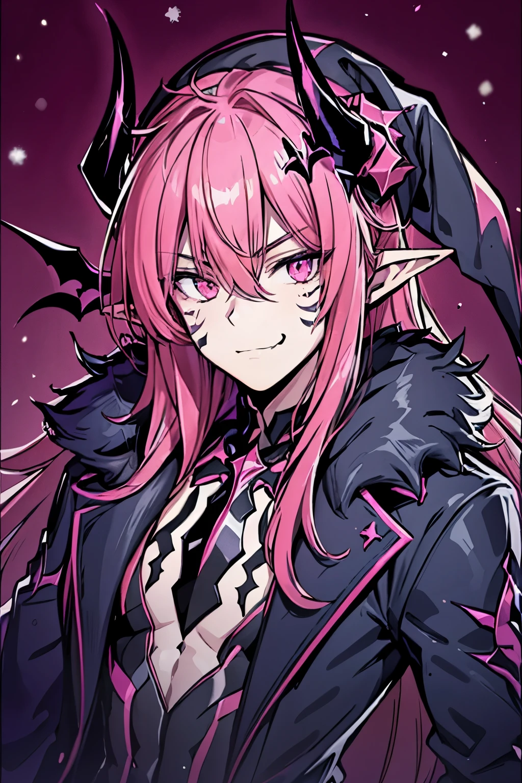 pointy ears, pink hair, comics, male focus, pink eyes, man, facial mark, demon boy, solo, long hair, male, horns, upper body, demon horns, hair between eyes, (roupa de natal, Christmas hat)