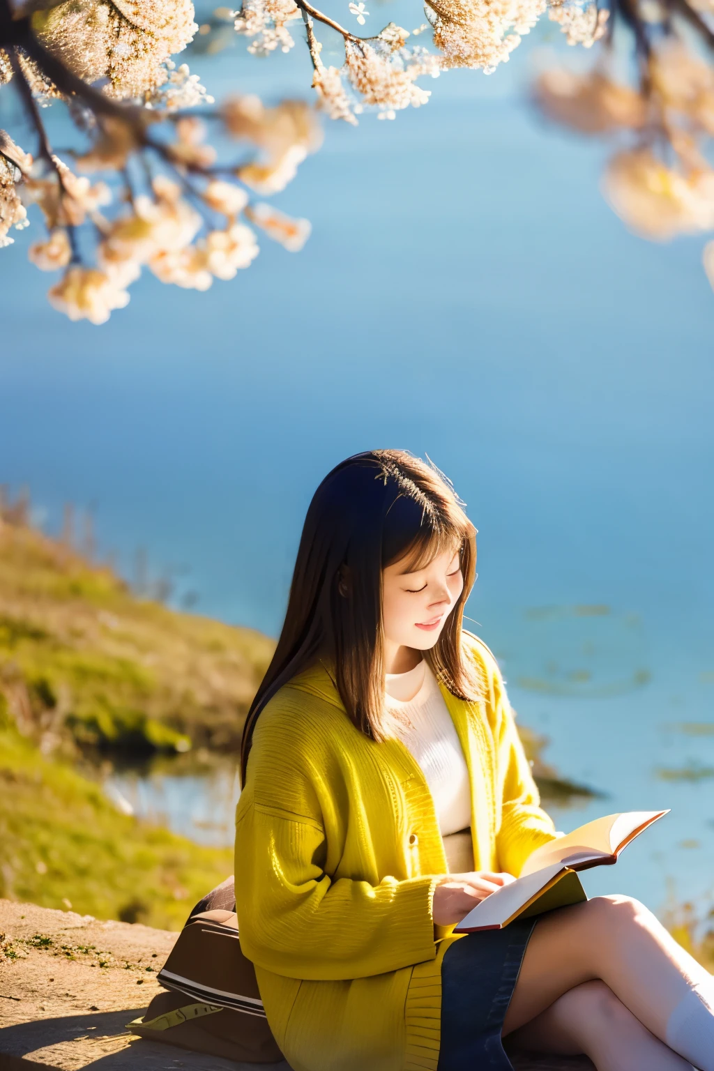 In the dazzling sunlight、In the landscape of vast grasslands、The wind blows gently through。The girl stroked her hair, which was blowing in the wind.、sitting under a big tree reading a book。In the distance, the blue sky spreads、Small birds fly freely。In this serene and beautiful landscape、The girl seems to be enjoying her own time。