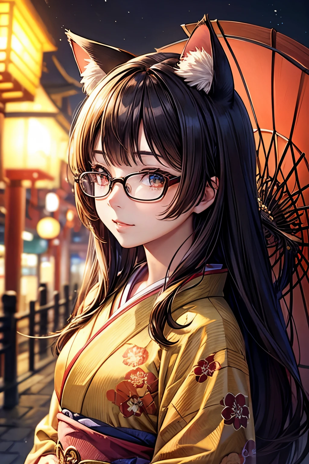 Top quality, high resolution, perfect human structure, background focus, front view, glowing hair, cat ears, brown hair, kimono, New Year, Japan, bobbed hair, glasses, gradient eyes, swept bangs,