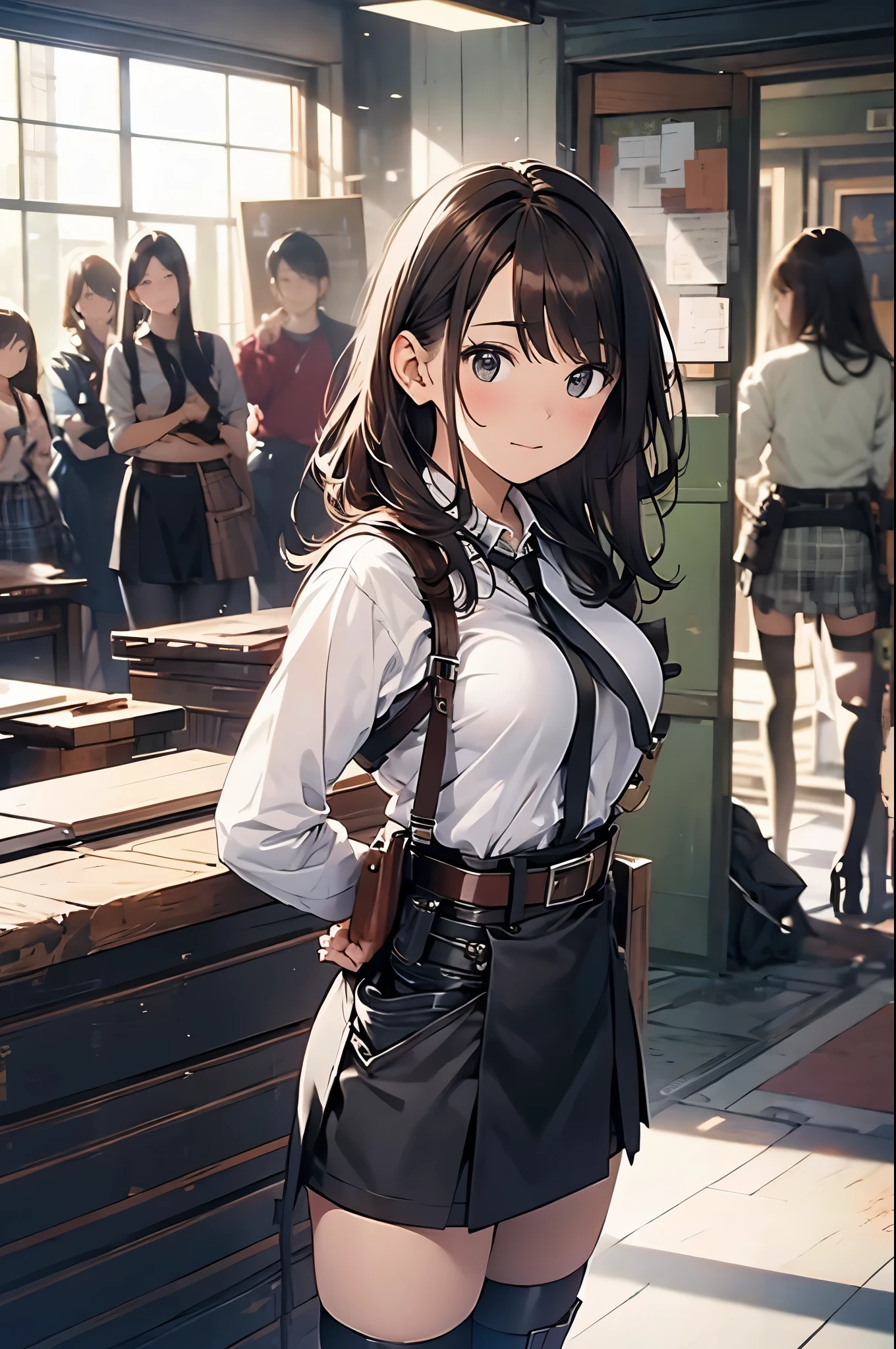 Brown hair、watching at viewers black suspenders Bulging big breasts walls: Black miniskirt garters Gaze Small face bangss holster Beautuful Women hands up レッグholster ベッドに横たわる Gaze black boots panty shot provocation flank flank汗 soio arm inside of a car Fold your hands behind your back a belt