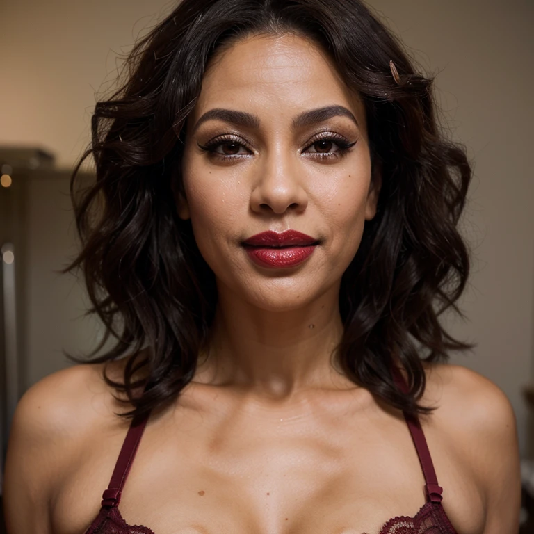 45 year old mixed race woman, dark curly hair, afro, after rough sex, smiling, red lipstick, seductive makeup, eyeshadow, lingerie, sexy, looking up, close up, nsfw, stunning photography, semen face, lips