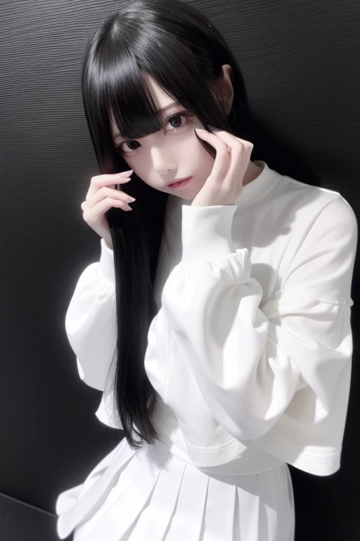 top-quality、8K、32K、masterpiece、nffsw:1.2)、1girl in、One girl with long hair、Two beautiful Japan women、A dark-haired、Heavy bangs、long sleeved shirt、White high neck shirt &Black mini pleated skirt、White wall background、Focus on the face