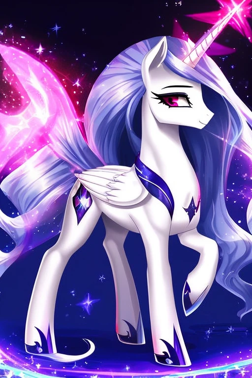 (masterpiece), best quality, expressive eyes, perfect face, sexy alicorn mare, (pearl white skin), sexy, full body, naked, beautiful, dominant, loving, (long silver mane with black tips), mlp, mlp oc, red eyes, tall, 1girl, silver tail with black tips, canterlot unicorn, sadistic, midnight blue unicorn horn, huge asutt tattoo of a chaos star))), feral, horn alight with a magical aura