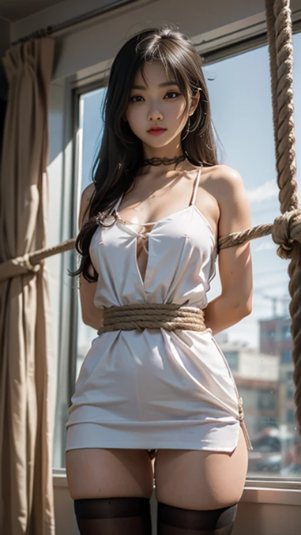 ((masterpiece)), ((best quality)), (ultra-detailed), NSFW, underground,a cute girl, 1girl, solo, (white tanktop dress),(rope bound arms), (both hands are bound and is hung from the ceiling), BDSM,shibari,restrained,((thin waist)),(((Torture that tightens the waist with a rope))),beautiful black hair, beautiful black eyes, (beautiful eyes), long hair,troubled expression