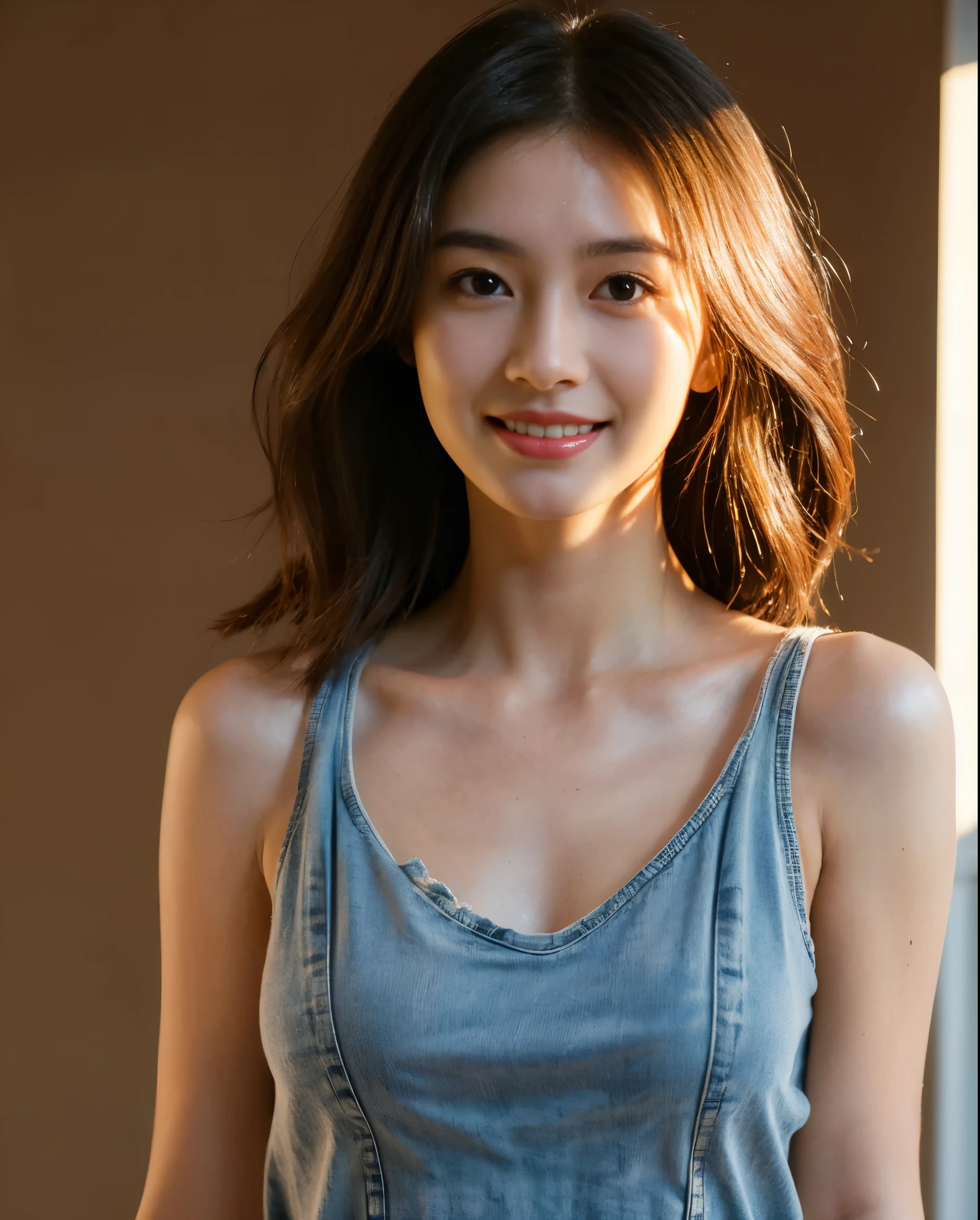 ((medium chest, long hair, small head)), daylight, sunlight, (well-defined abs: 1.1), (perfect body: 1.1), (short wavy hair: 1.2), russet hair, collar, chain, full body photo, shabby street, wearing a black tank top, denim jacket, ((shorttremely detailed CG 8k wallpaper), (extremely delicate and beautiful), (masterpiece), (Best Quality: 1.0), (Ultra Resolution: 1.0), Beautiful Lighting, Perfect Lightning, Realistic Shadows, [High Resolution], Detailed Skins, Ultra Detailed, smile