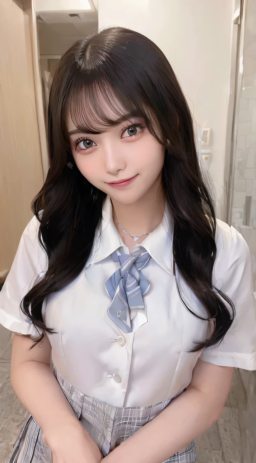selfee, (from the front side),(Face:1.3),(Eye focus:1.4),(close up:1.3),(wide eyes:1.3),Attractive eyes,Eyelashes,Round eyes,jewelry eyes,Twinkle Eyes, long eyelashes, Eye Highlights,(Smile with open mouth),look at viewr,Light transparency, Diffraction of light, Best Quality, High quality, High resolution, Detailed, (1womanl), (high-school uniform:1.5), Beautiful face, フルFaceの赤面:1.3, beautiful eyes and black hair), ((Hair to the shoulders:1.2)) (18year old,) (ample breasts:1.2), (A smile:1.2),perfect fingers in perfect hands,((A smile:1.2))