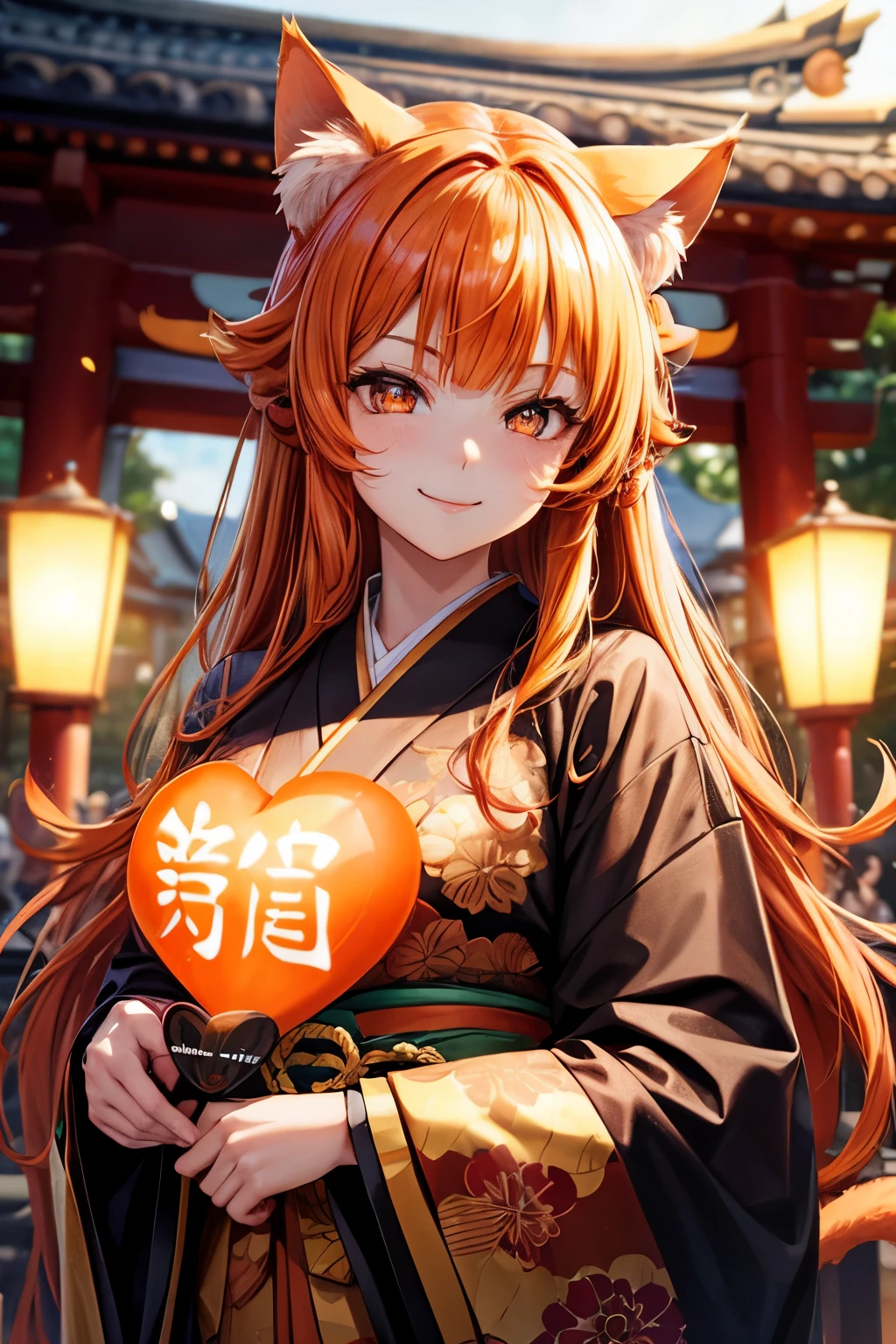 Top quality, high resolution, perfect human structure, background focus, front view, orange hair, glowing hair, cat ears, heart shaped pupils, blunt bangs, wavy hair, shiny hair, evil smile, gradient eyes, kimono, New Year, shrine