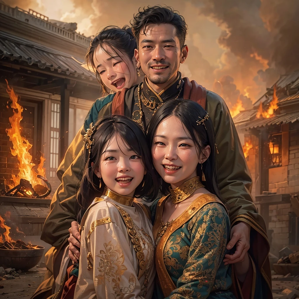 An Asian family portrait where the family is happy but the home and surroundings are on fire.

(highres,masterpiece:1.2),ultra-detailed,(realistic,photorealistic,photo-realistic:1.37),Asian family,portraits,warm colors,soft lighting,burning house,burning surroundings,happy family,facial expressions of joy,smiling faces,laughter,beautiful detailed eyes,beautiful detailed lips,unique poses,stunning outfits,traditional clothing,peaceful ambiance,contrast between joy and destruction,distressed environment,dark smoke,glowing flames,dramatic composition,emotionally powerful,storytelling elements,family unity,love and resilience,impressive flames illuminating the scene,driven by hope,serene background,soothing nature elements,strong bond,unwavering spirit,mixed emotions,captivating mood,compelling story,tradition amidst chaos