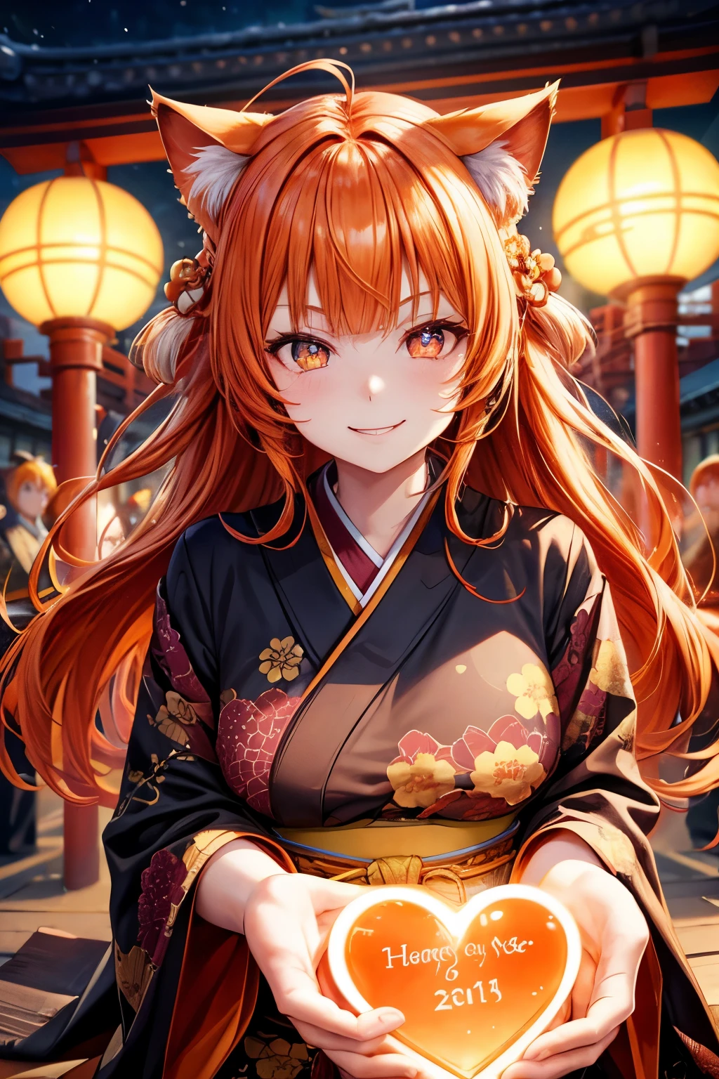 Top quality, high resolution, perfect human structure, background focus, front view, orange hair, glowing hair, cat ears, heart shaped pupils, blunt bangs, wavy hair, shiny hair, evil smile, gradient eyes, kimono, New Year, shrine