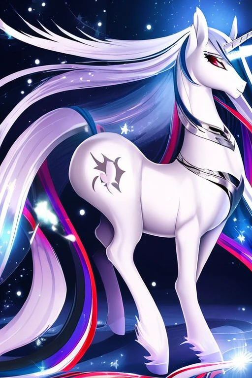 (masterpiece), best quality, expressive eyes, perfect face, sexy alicorn mare, (pearl white skin), sexy, full body, naked, beautiful, dominant, loving, (long silver mane with black tips), mlp, mlp oc, red eyes, tall, 1girl, silver tail with black tips, canterlot unicorn, sadistic, midnight blue unicorn horn, huge asutt tattoo of a chaos star))), feral, horn alight with a magical aura